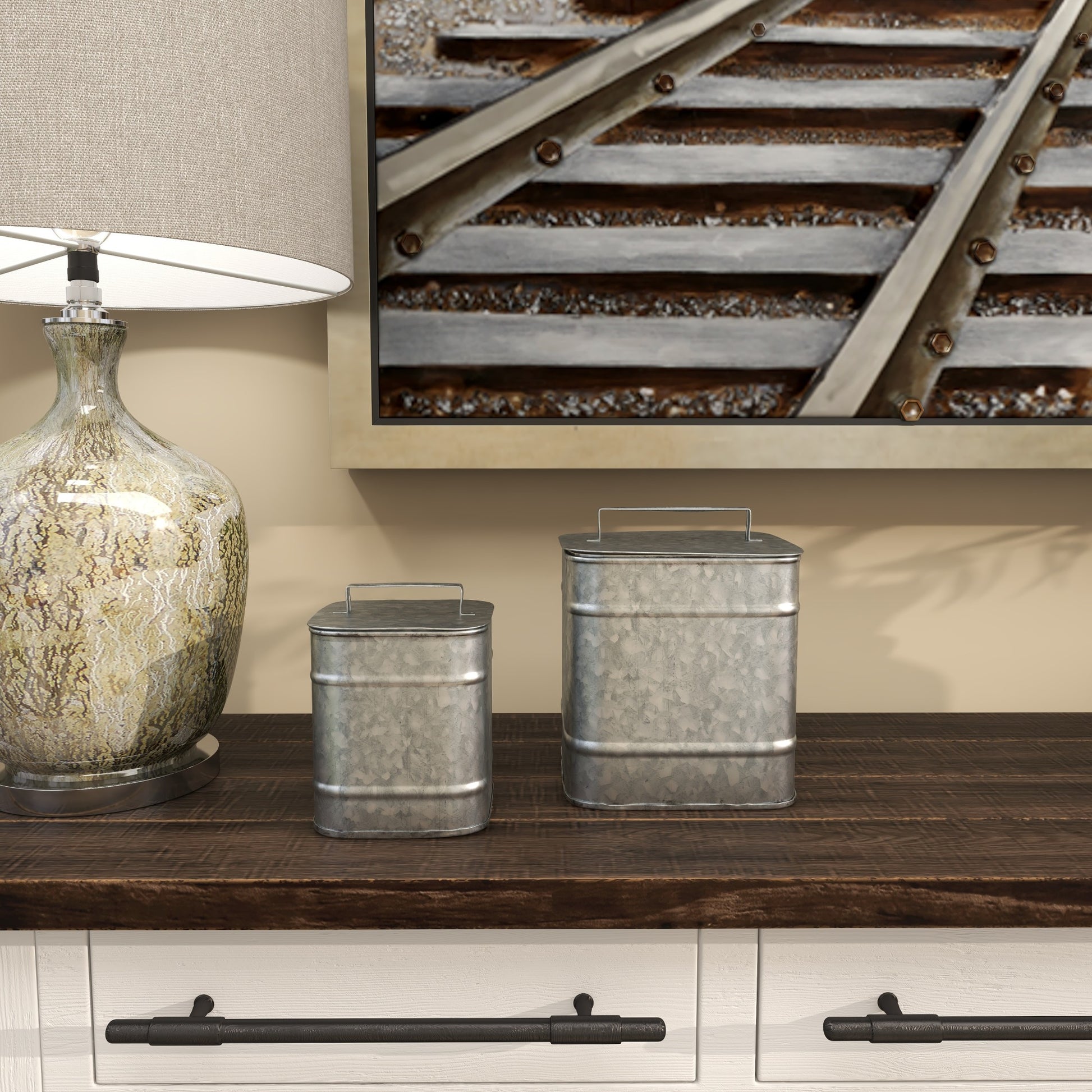 Set of 2 Silver Metal Decorative Canisters