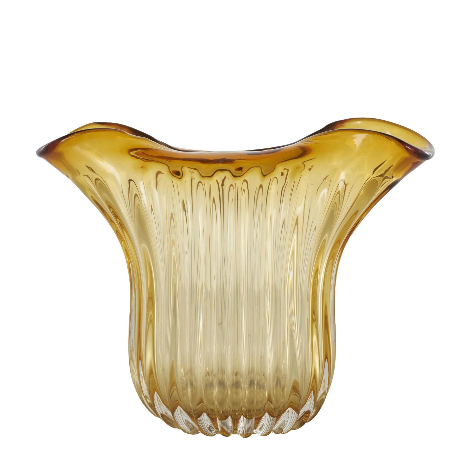 Abstract Orange Glass Ribbed Ombre Decorative Vase with Folded Curve Opening