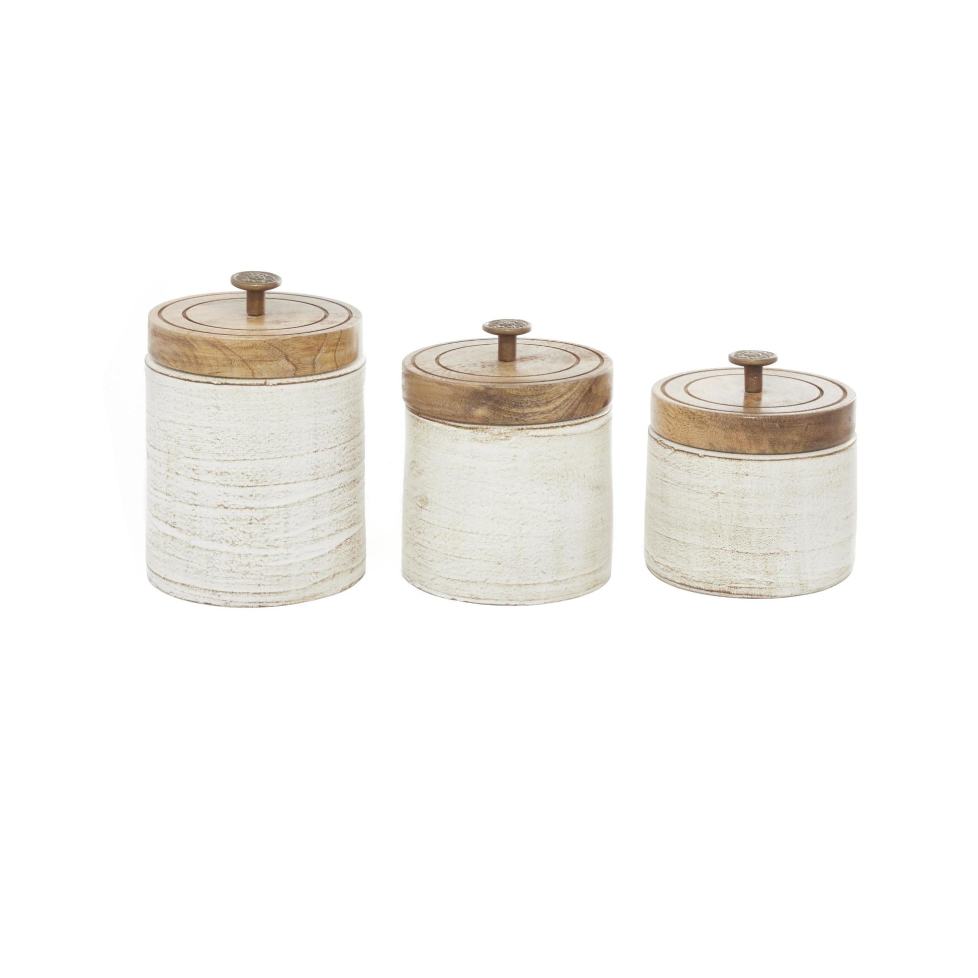 Set of 3 White Ceramic Living Room Decorative Jars with Wood Lids