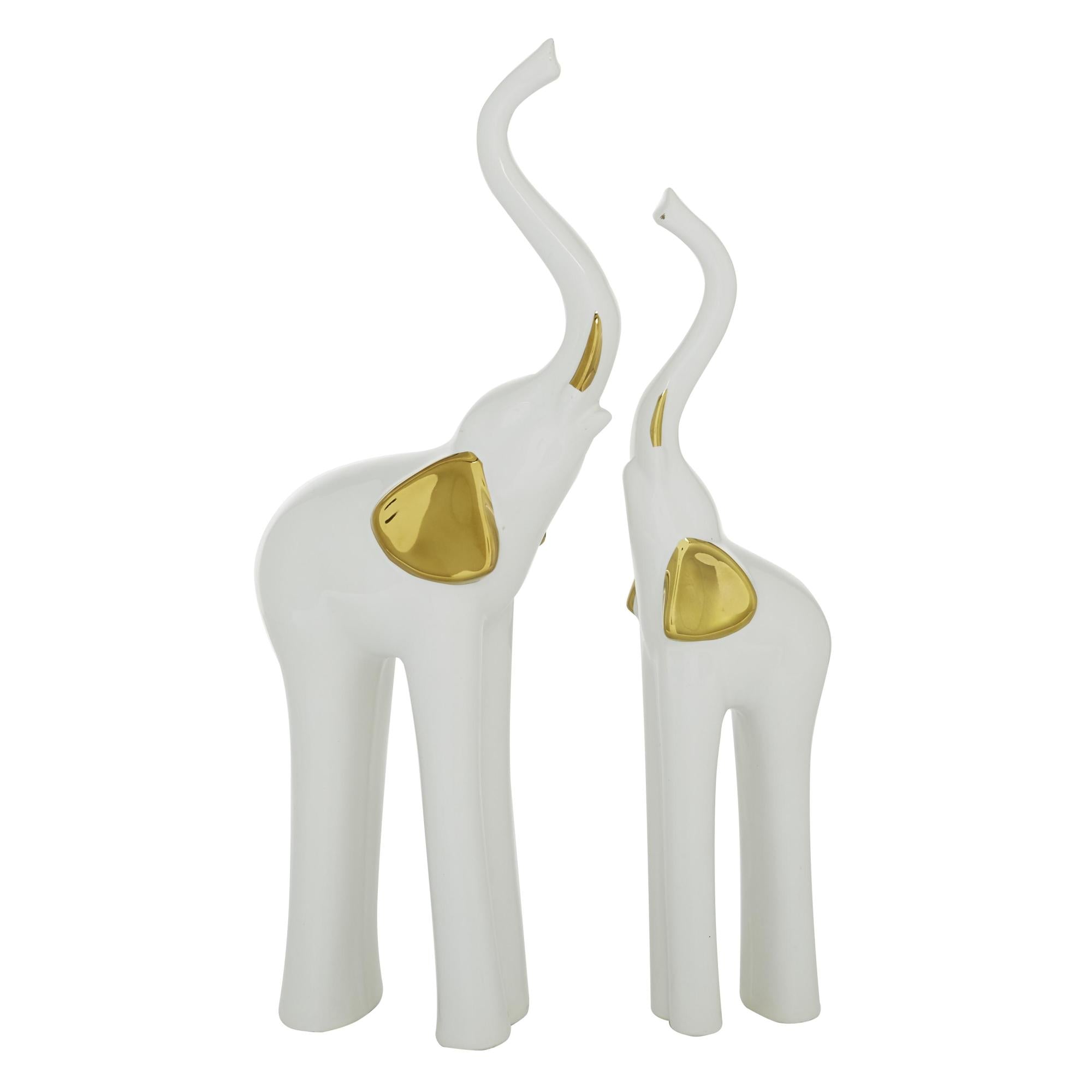 Set of 2 Elephant Gold Porcelain Ceramic Decorative Sculpture