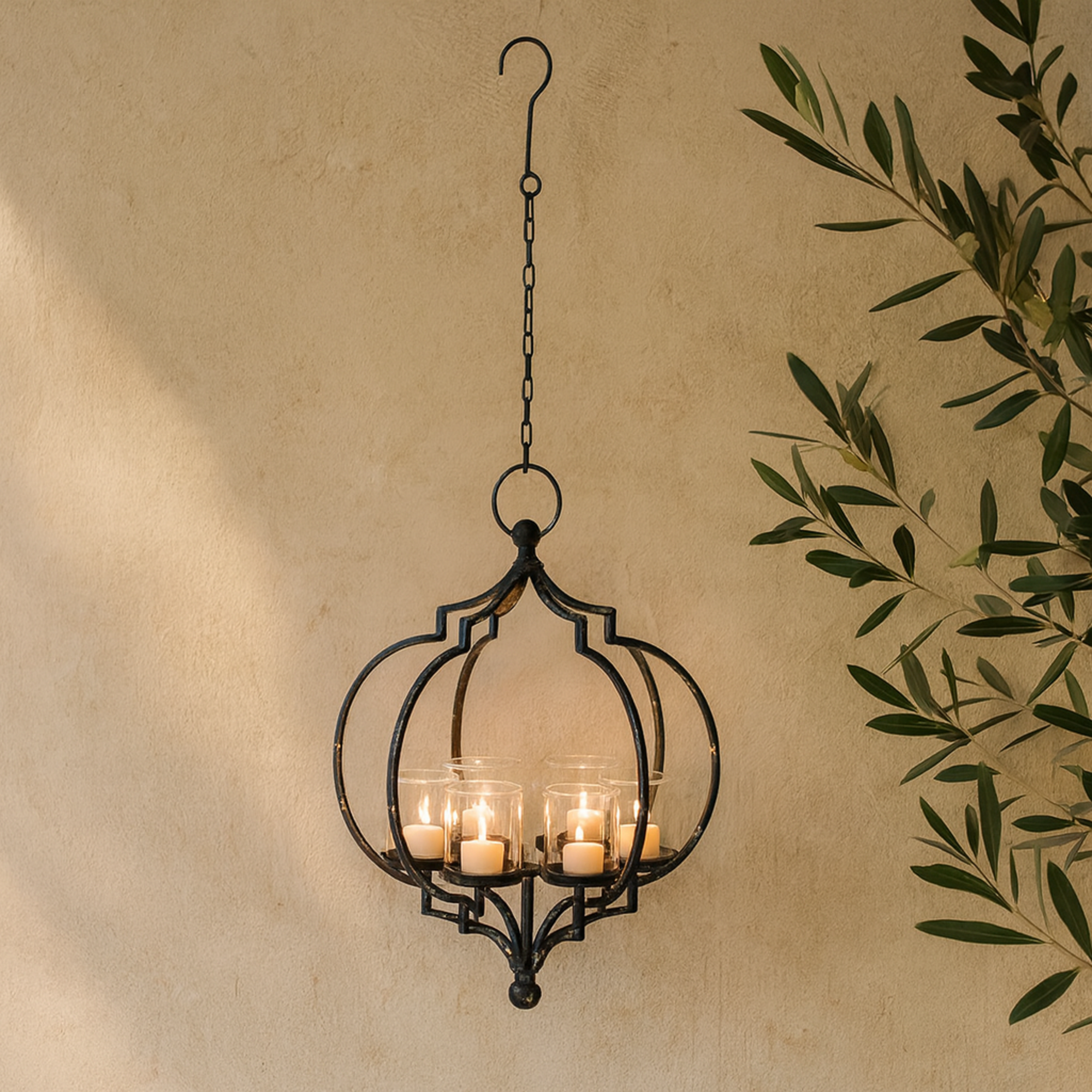 Black Metal Open Caged Hanging 6 Slot Decorative Candelabra with Distressing and Hook