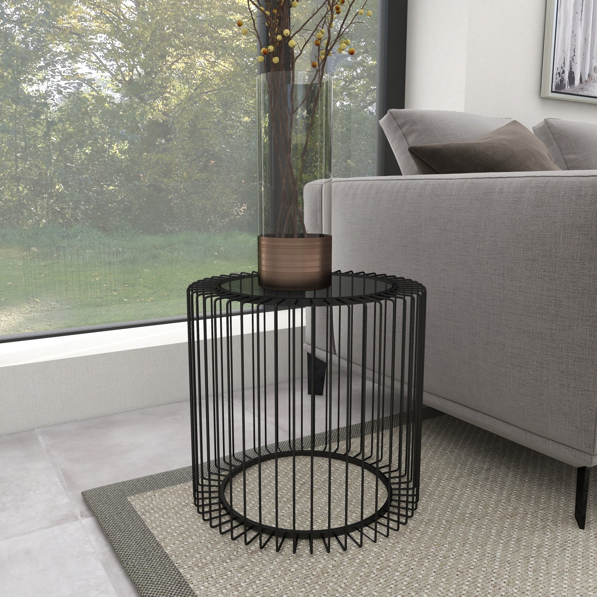 Black Metal Open Wire Frame Side End Accent Table with Shaded Glass Top