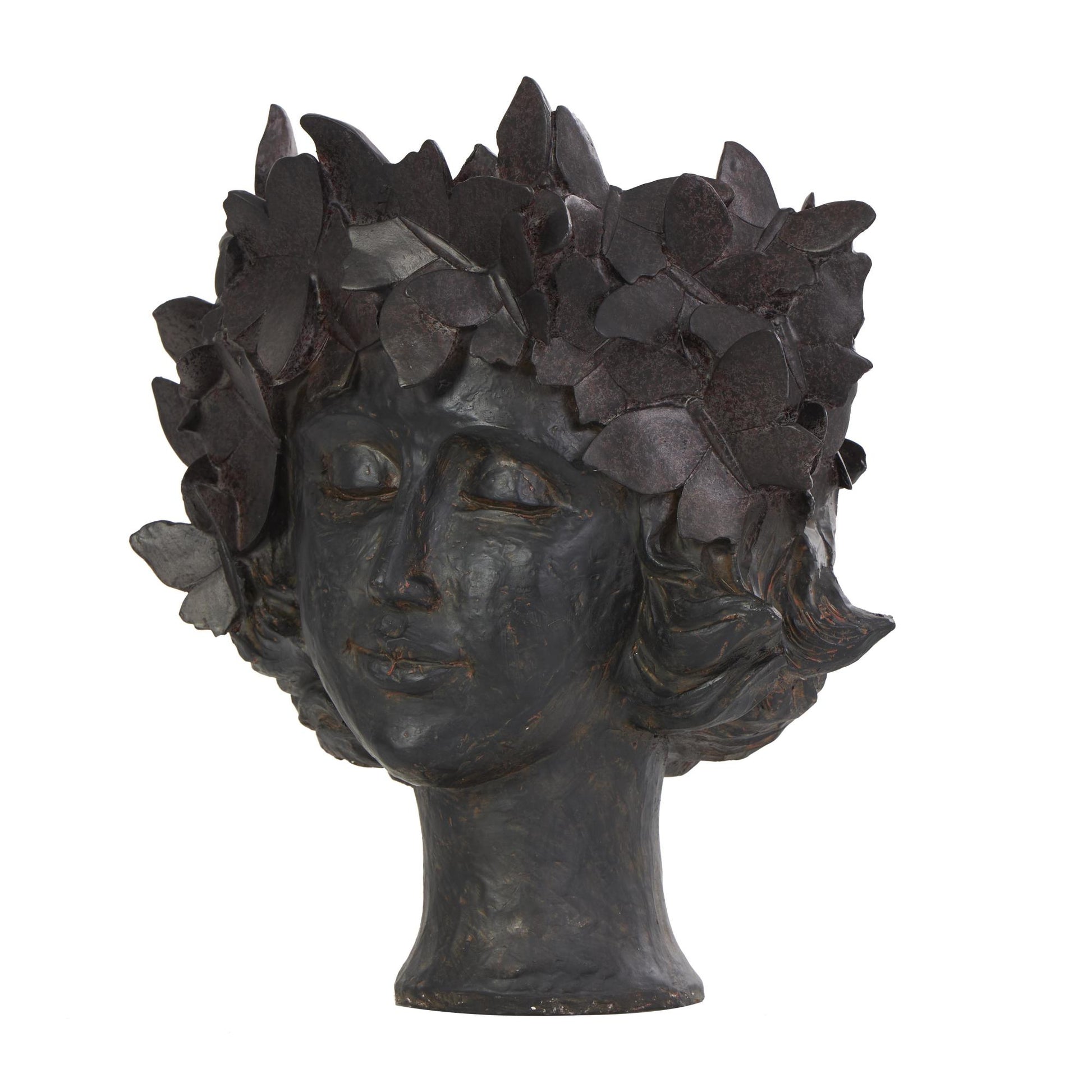 Woman Bronze Resin Head Indoor Outdoor Planter with Wide Opening and Butterfly Accents