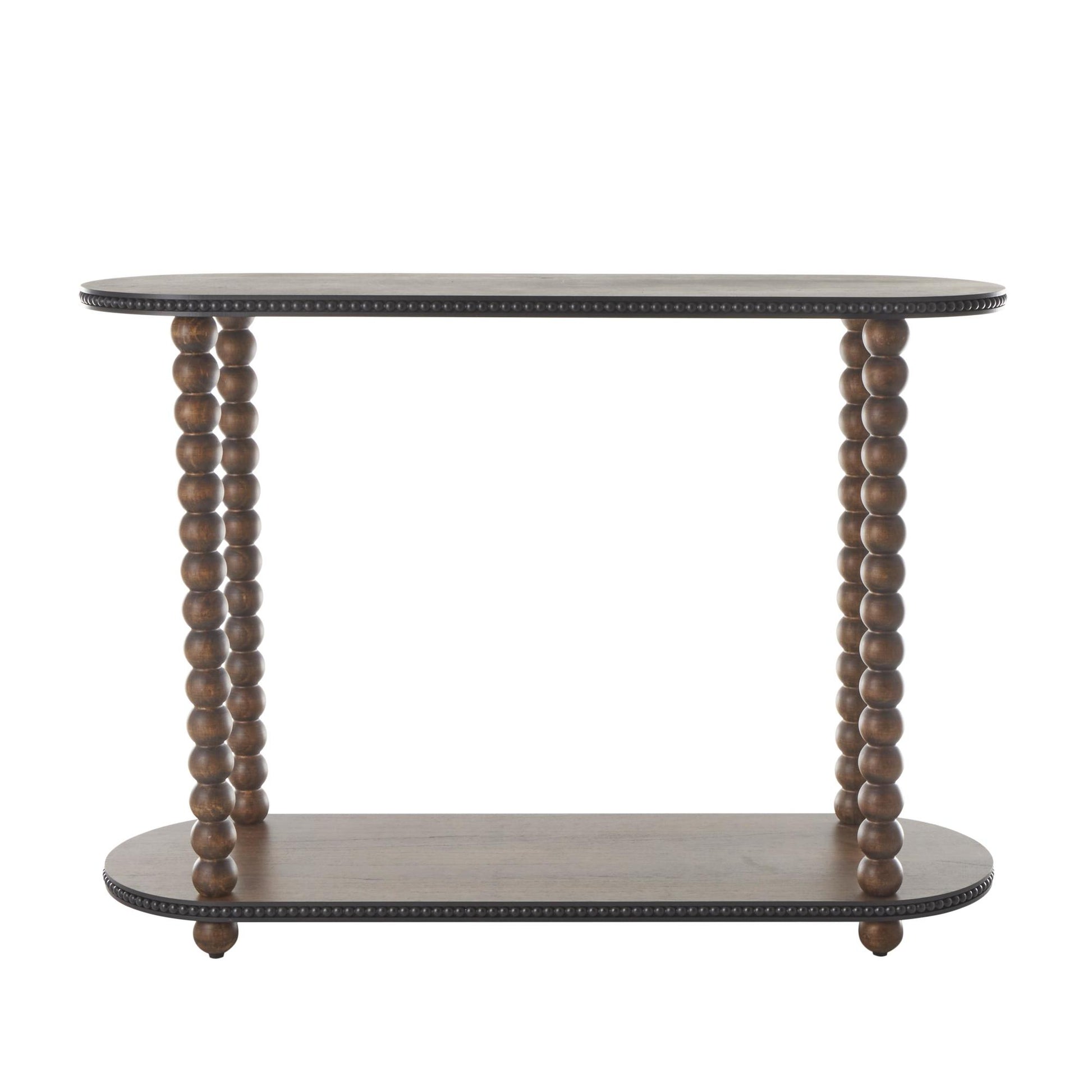 Brown Wood Oval Spindle Living Room Console Table with Beaded Edges