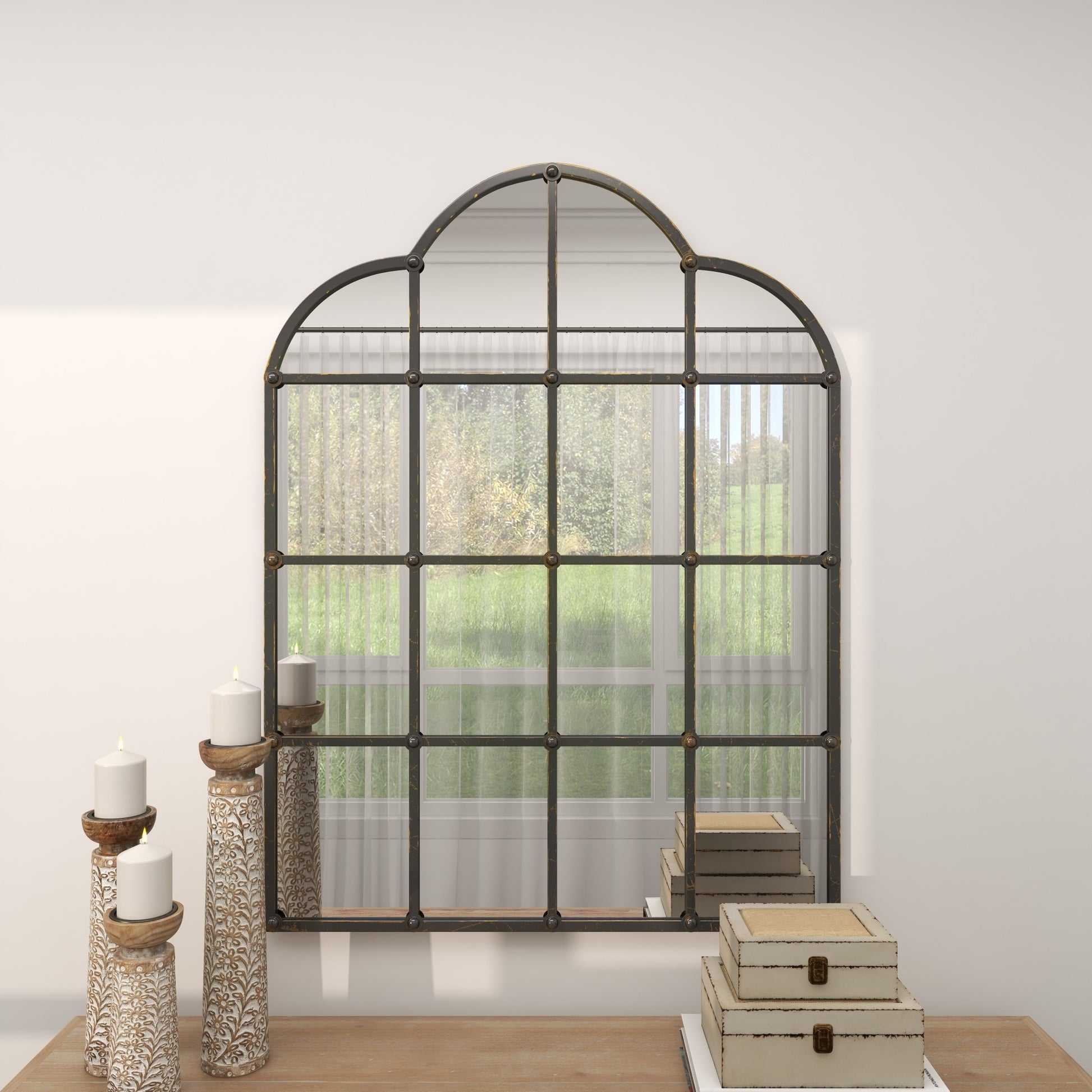 Black Metal Window Pane Inspired Room Wall Mirror with Arched Tops and Studs