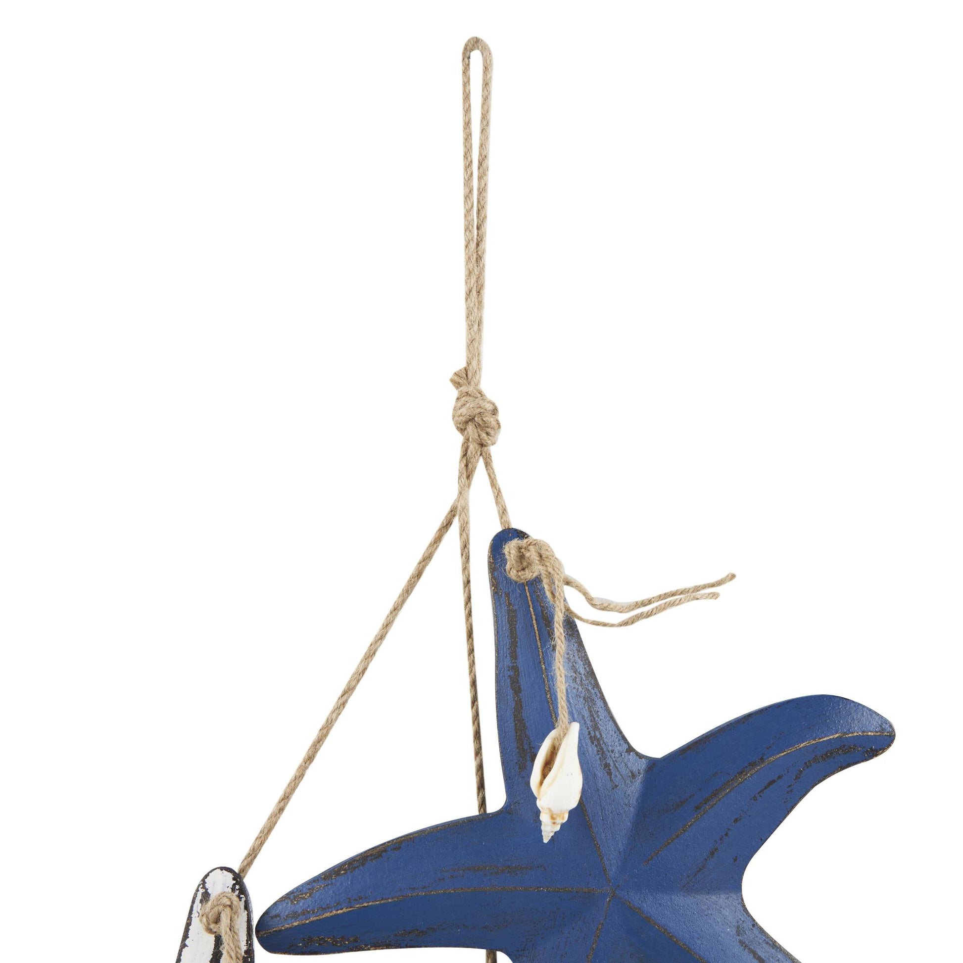 Starfish Blue Wooden Distressed Layered Home Wall Decor with Hanging Rope and Decorative Shell Accents
