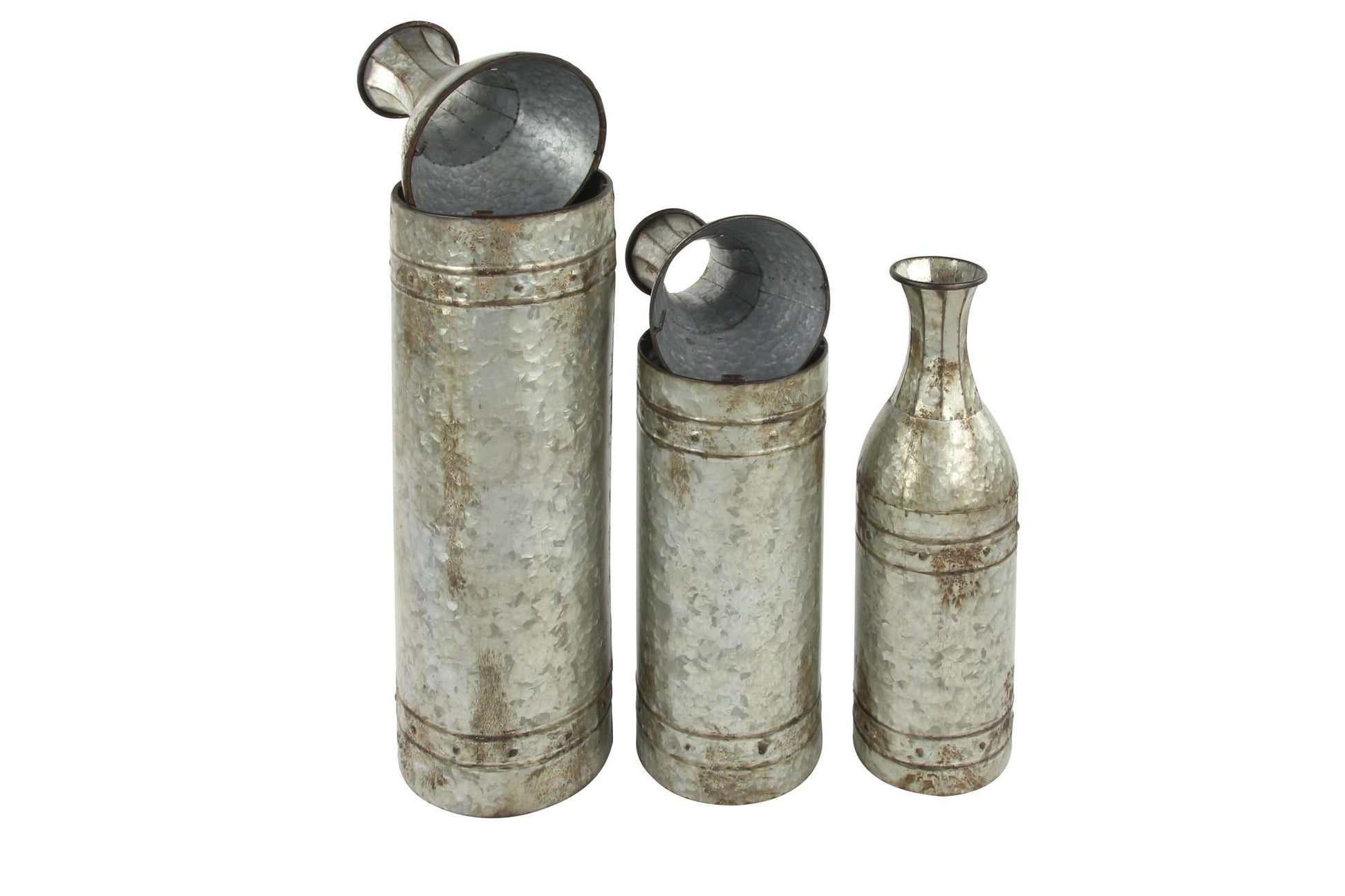 Set of 3 Gray Metal Handmade Tall Galvanized Floor Decorative Vase with Studs