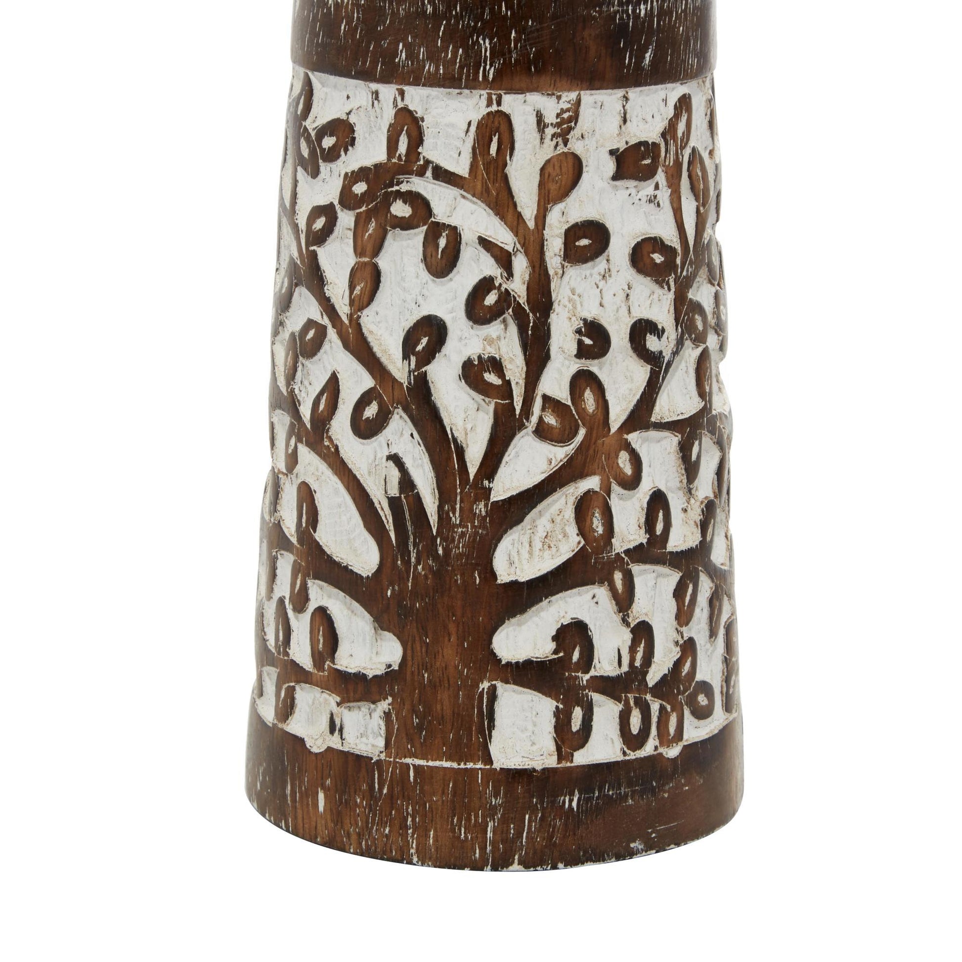 Set of 3 Floral Mango Wood Handmade Carved Pillar Decorative Candle Holder with Whitewashed Cream Backing Set of 3 10", 8", 6"H