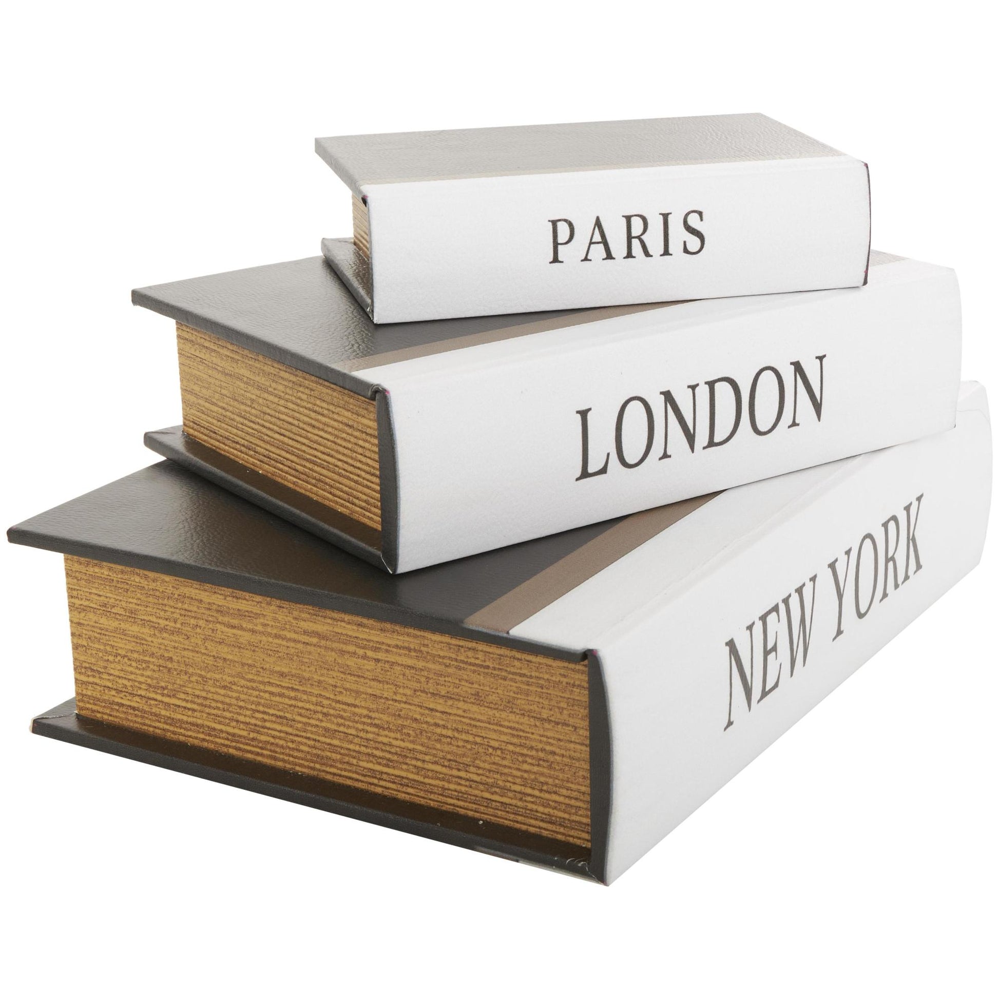 Set of 3 Black Faux Leather Paris, London, New York Faux Book Storage Decorative Box with White Spine