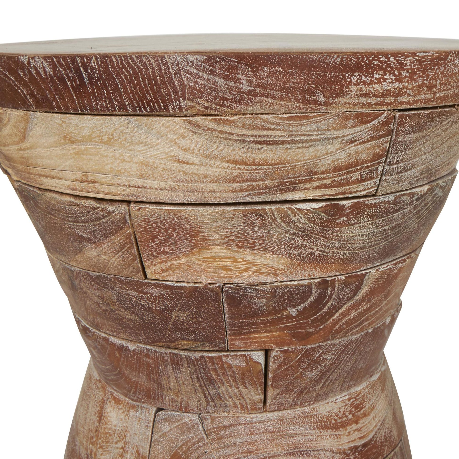 Geometric Teak Wood Handmade Hourglass Side End Accent Table with Stacked Wood Pieces