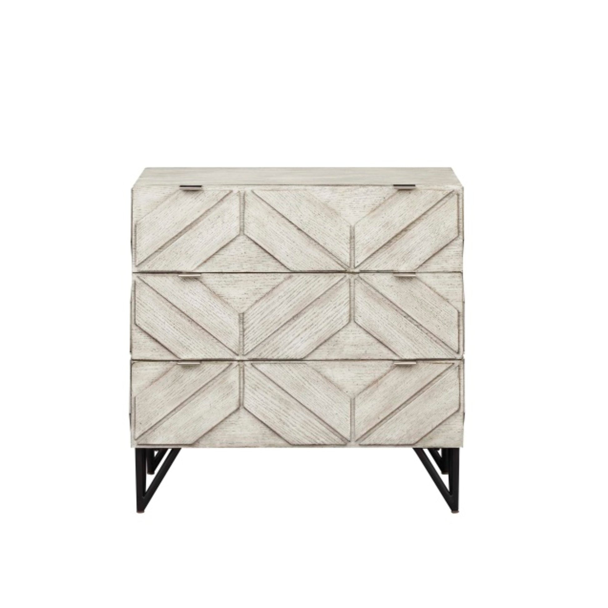 Geometric Light Gray Wooden 3D Diamond Patterned 3 Drawer Room Dresser with Black Tripod Legs and Silver Handles