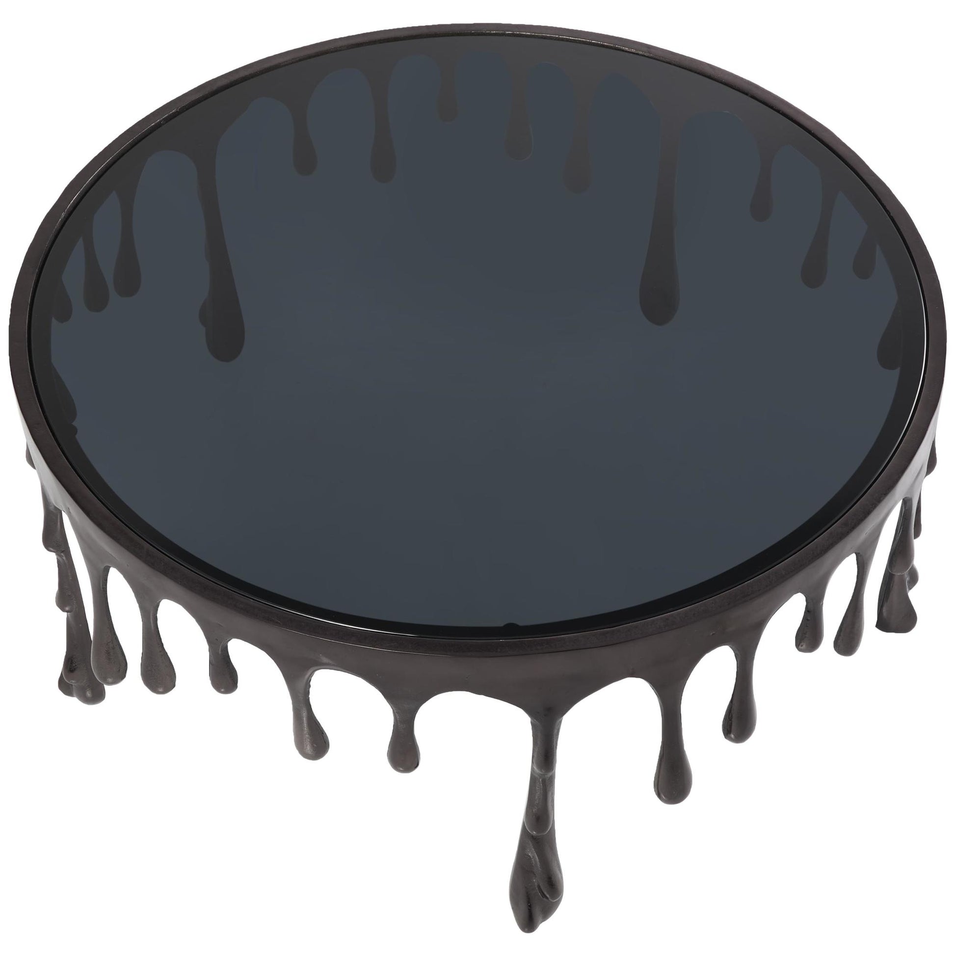 Abstract Aluminum Metal Drip Living Room Coffee Table with Melting Designed Legs and Shaded Glass Top