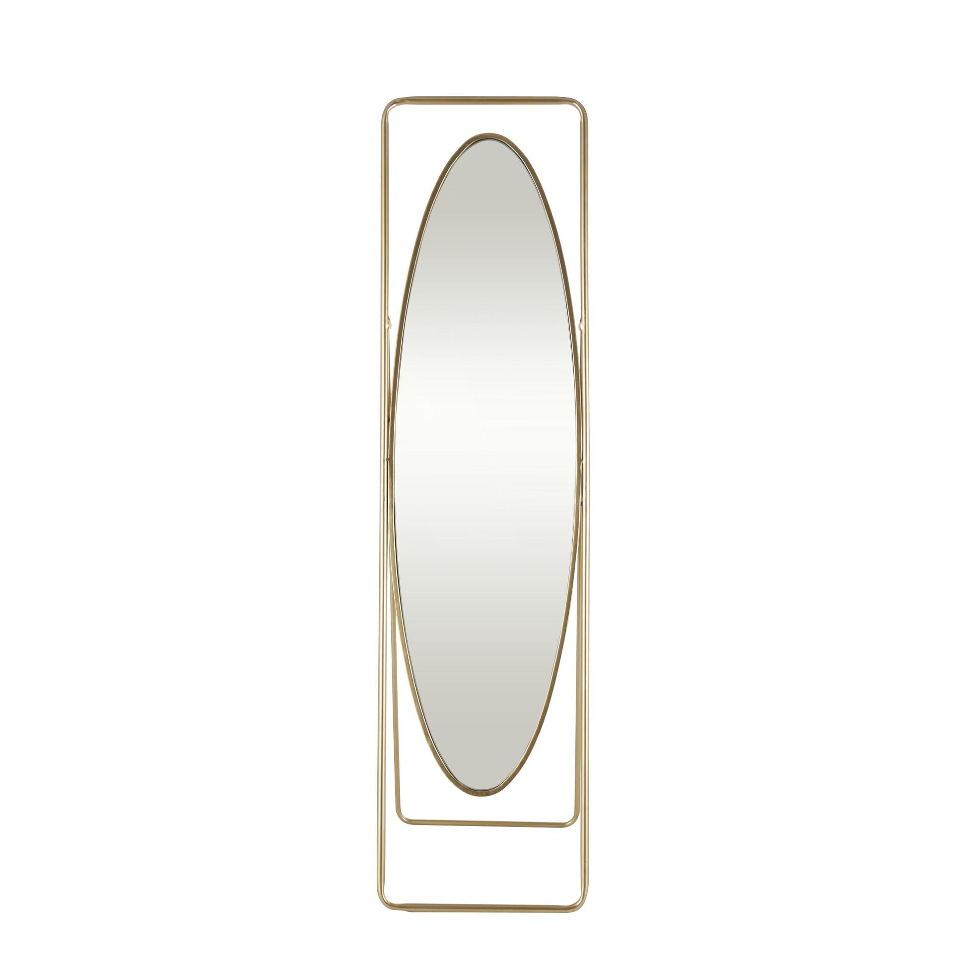 Geometric Gold Metal Oval Room Floor Mirror with Rectangular Frame and Stand
