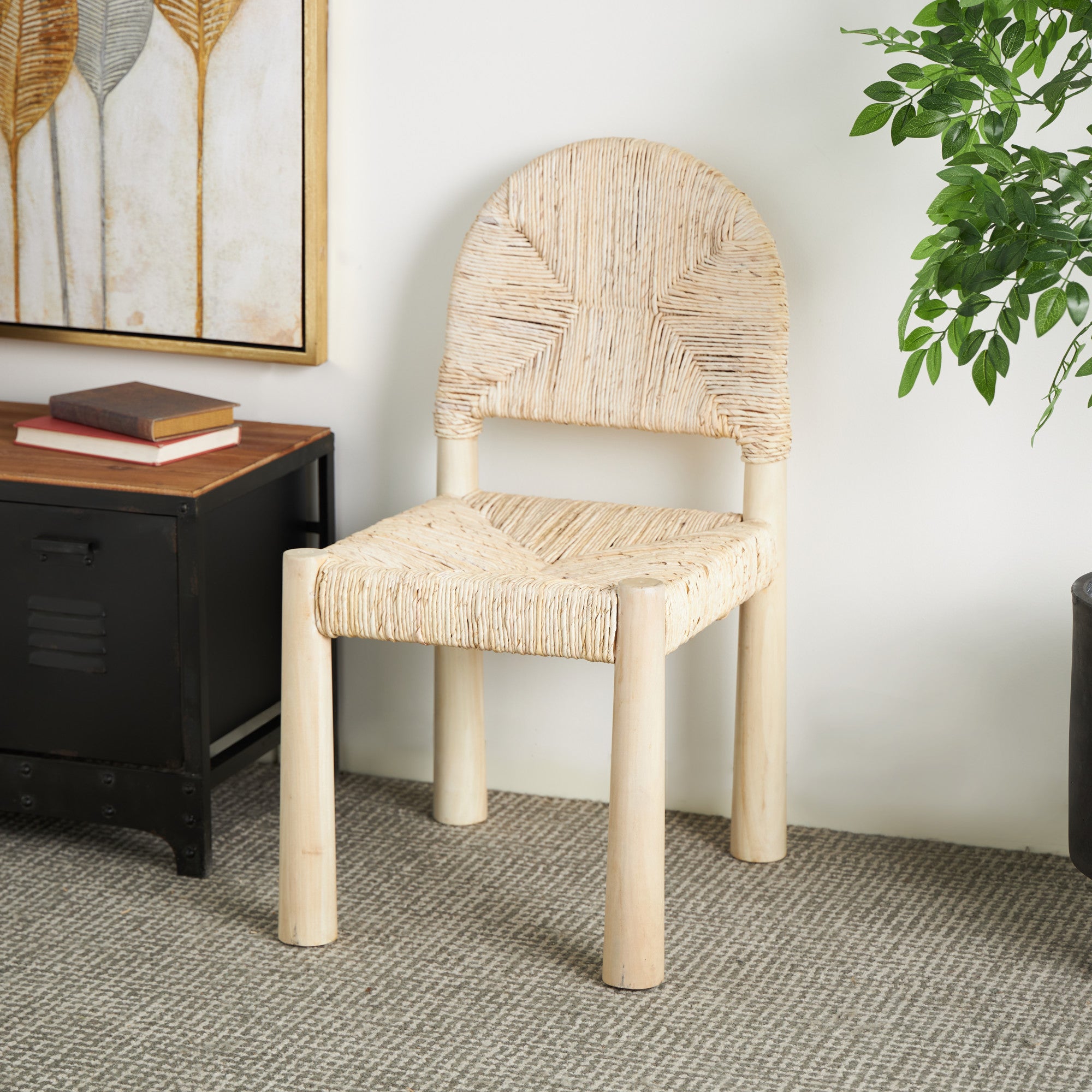 Set of 2 Wood Handmade Art Deco Kitchen Dining Chair with Woven Banana Leaf Seat