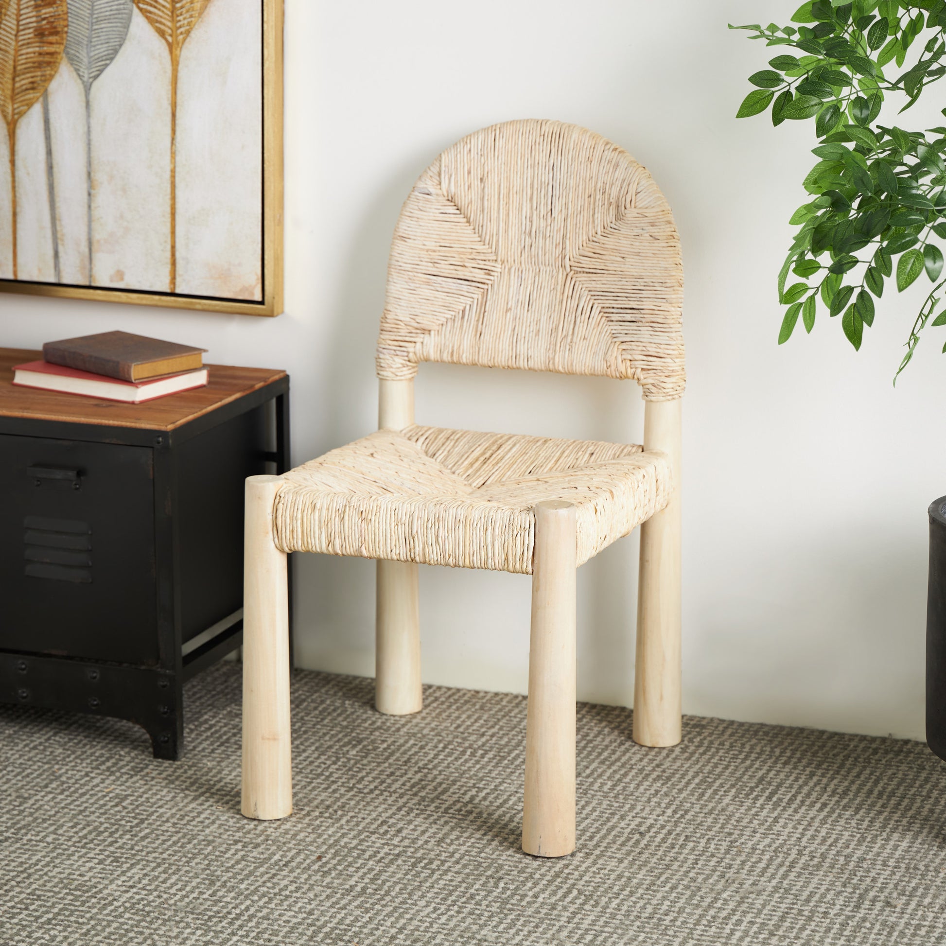 Set of 2 Wood Handmade Art Deco Kitchen Dining Chair with Woven Banana Leaf Seat