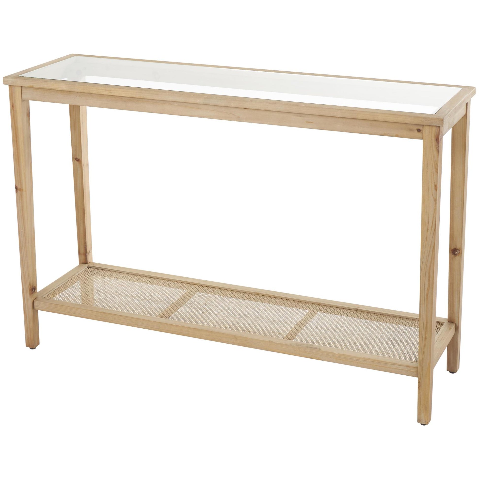 Brown Wood Slim Natural Living Room Console Table with Glass Top and Rattan Shelf