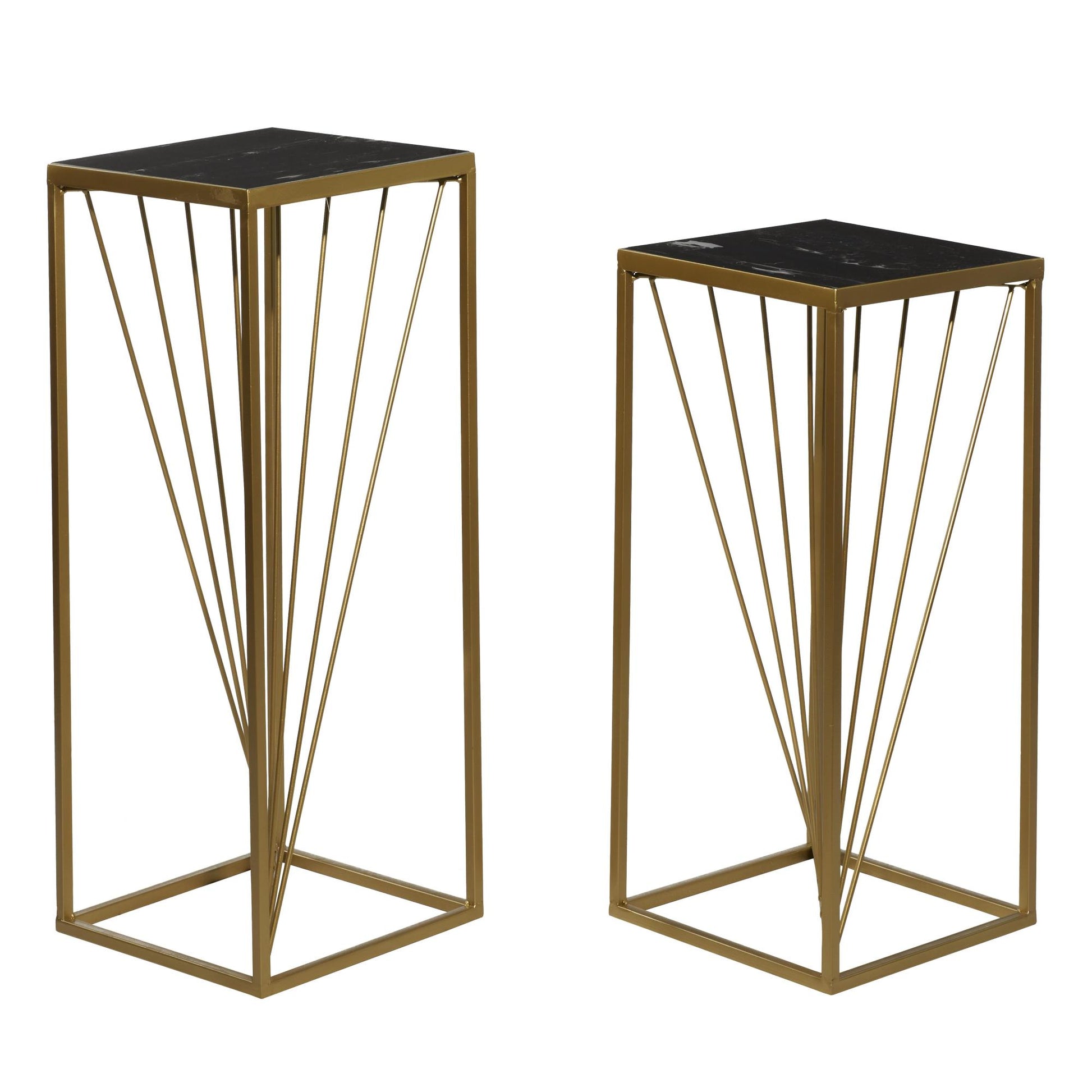 Set of 2 Geometric Gold Metal Side End Pedestal Table with Black Marble Top