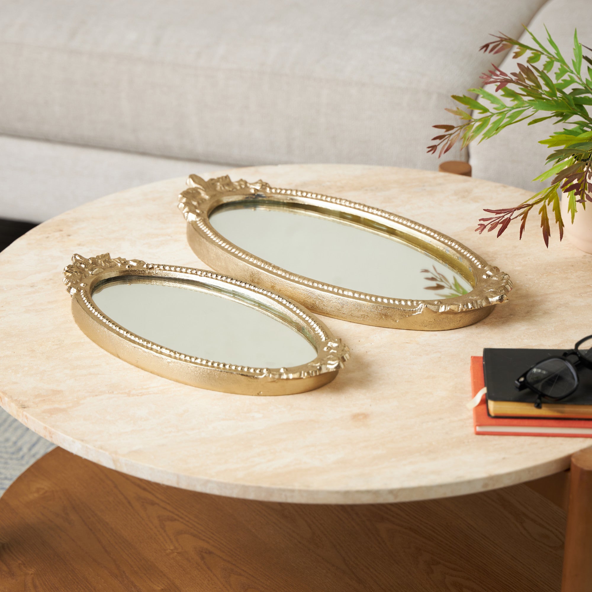 Set of 2 Leaf Gold Aluminum Metal Living Room Decor Tray with Mirrored Glass Interior and Handles