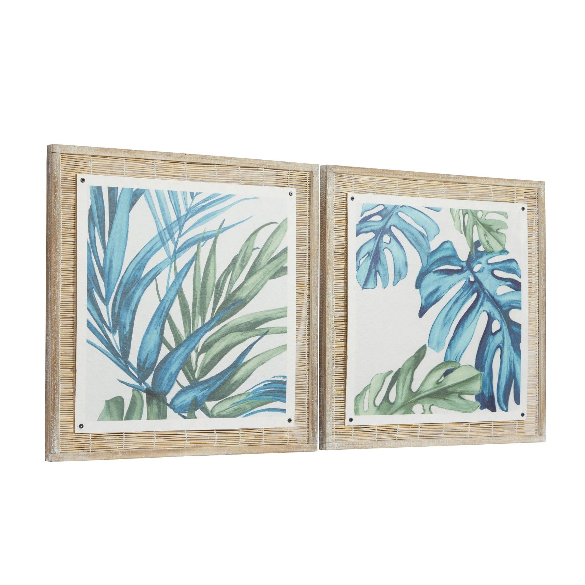 Set of 2 Leaf Blue Dried Plant Living Room Framed Wall Art with Brown Frame