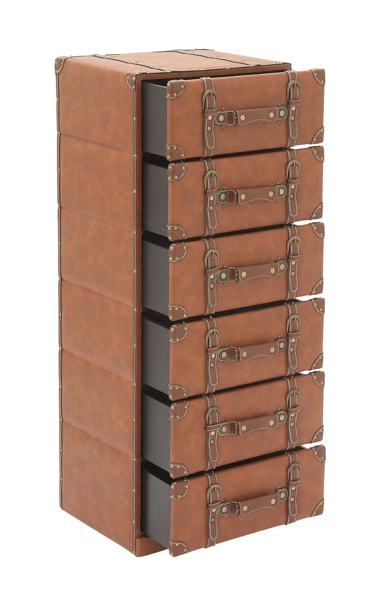 Brown Wooden Faux Leather 6 Drawer Room Chest with Buckle and Strap Detailing