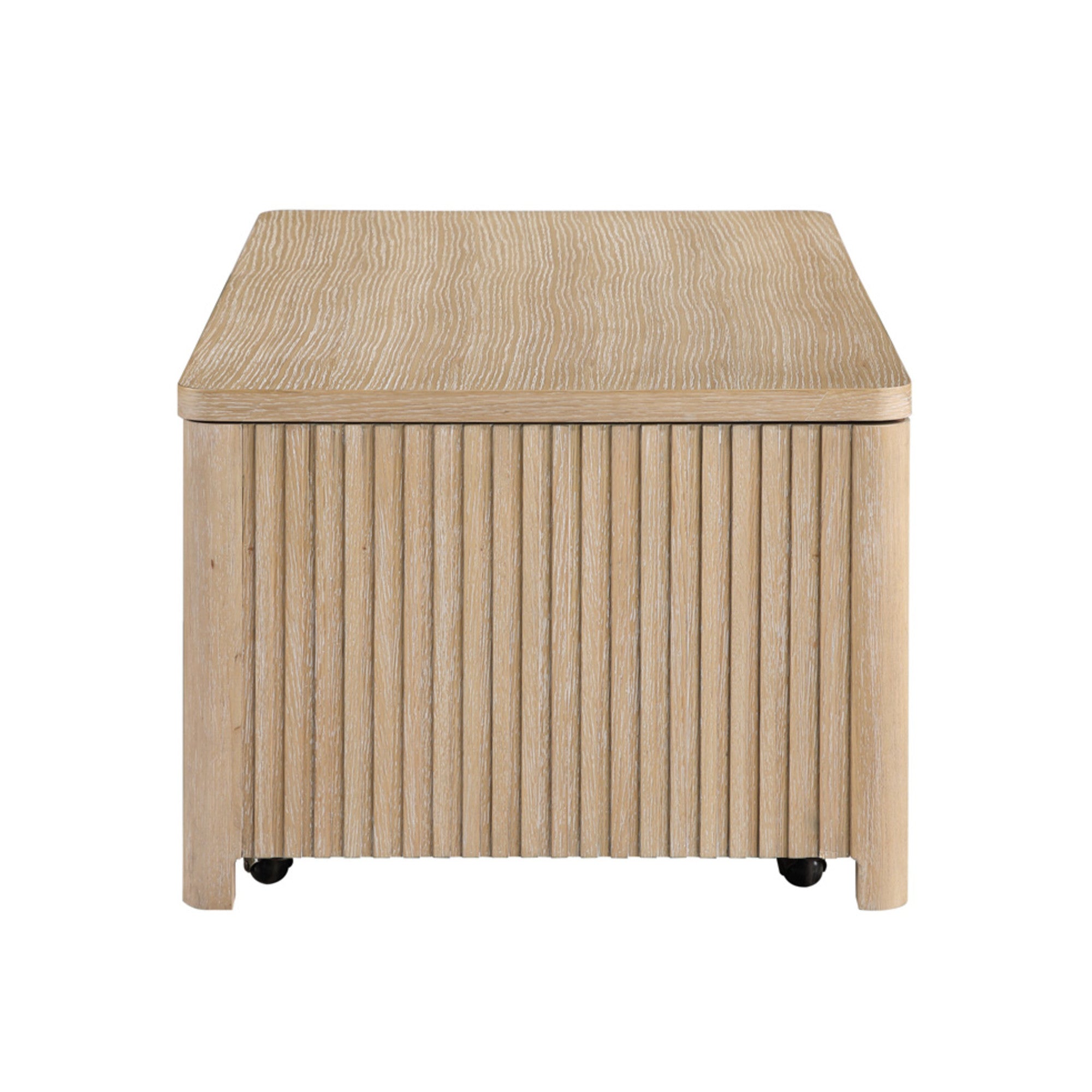 Light Brown Wooden Slatted 2 Drawer Living Room Coffee Table with Lift Top and Rolling Wheels