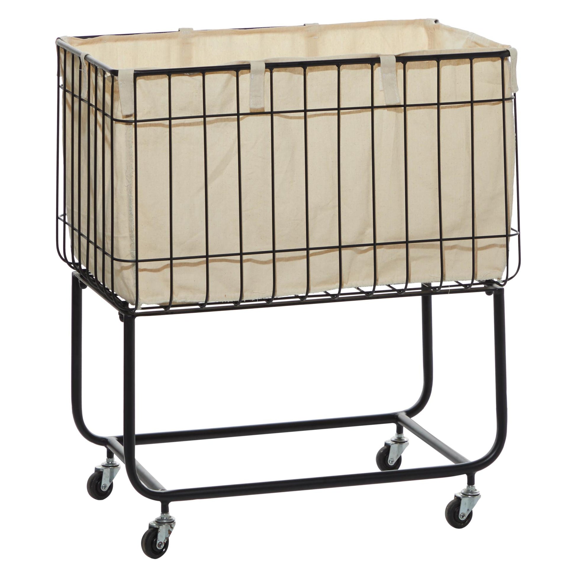 Black Metal Deep Set Wire Basket Mobile Storage Cart with Wheels and Fabric Lining