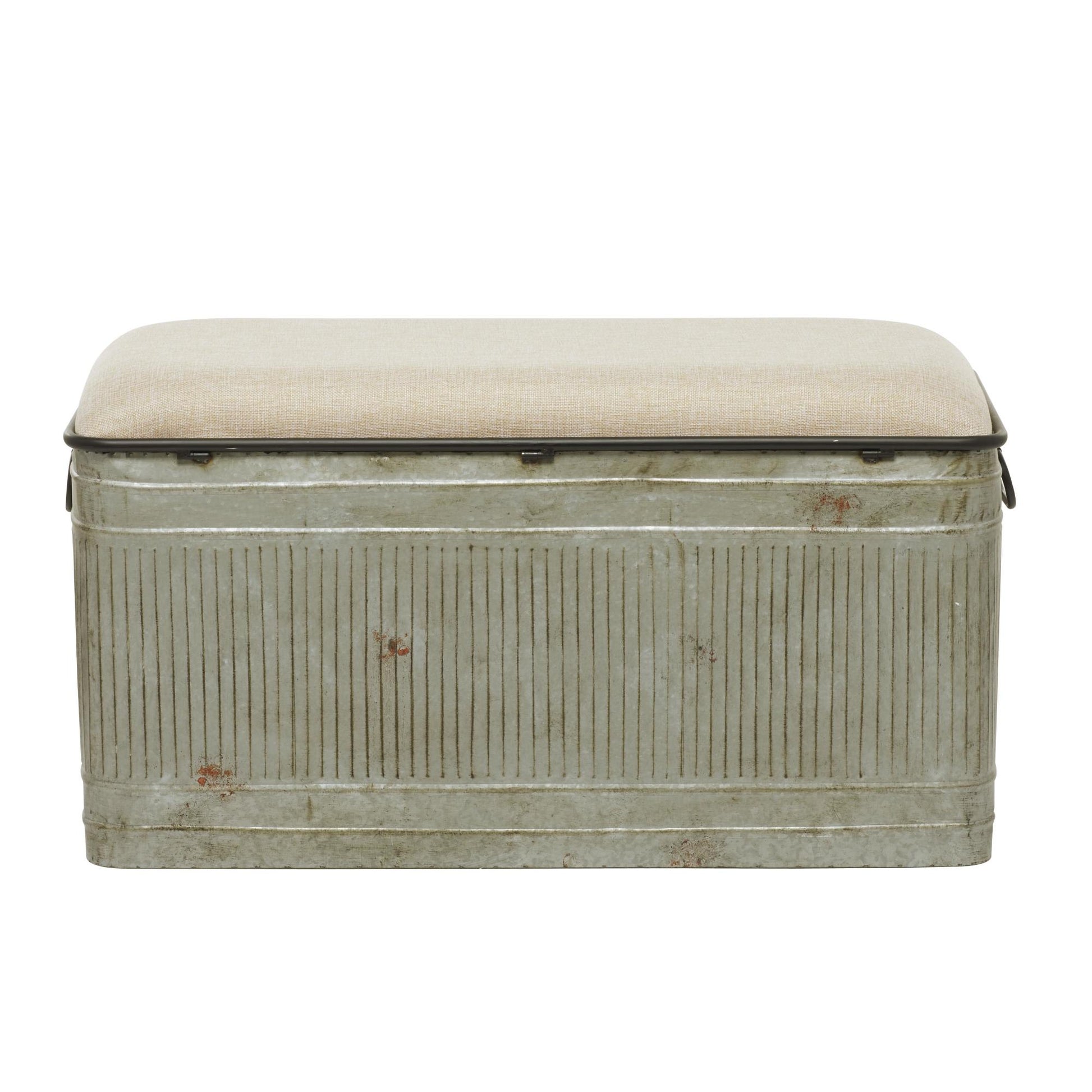 Gray Metal Galvanized Room Storage Bench with Cream Burlap Top and Black Latches