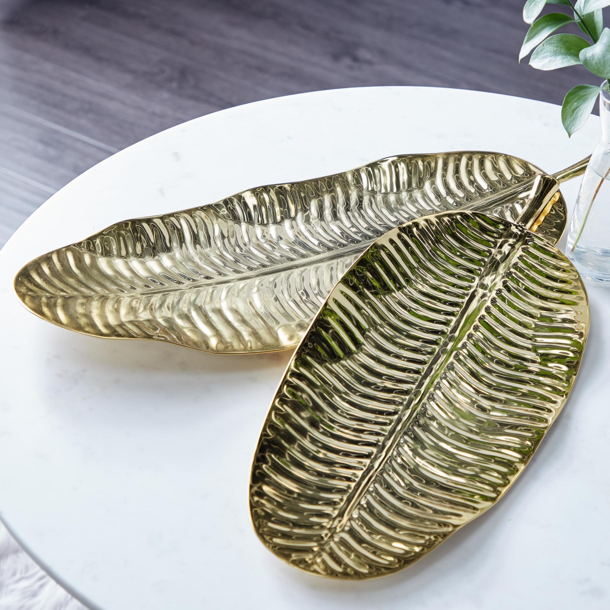 Set of 2 Leaf Gold Metal Living Room Decor Tray