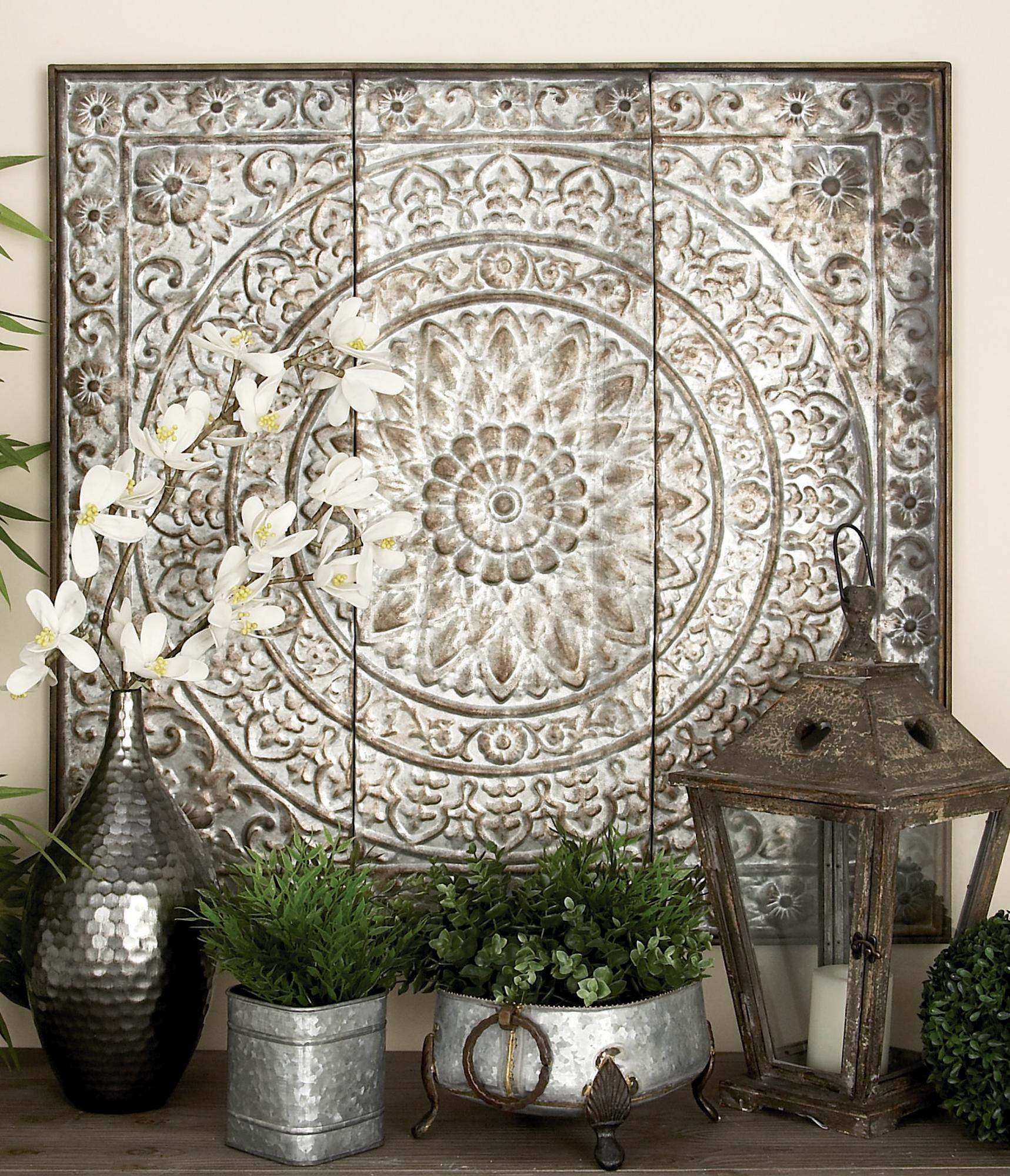 Floral Metal Embossed Scroll Home Wall Decor with Gray Backing 36" x 2" x 36"