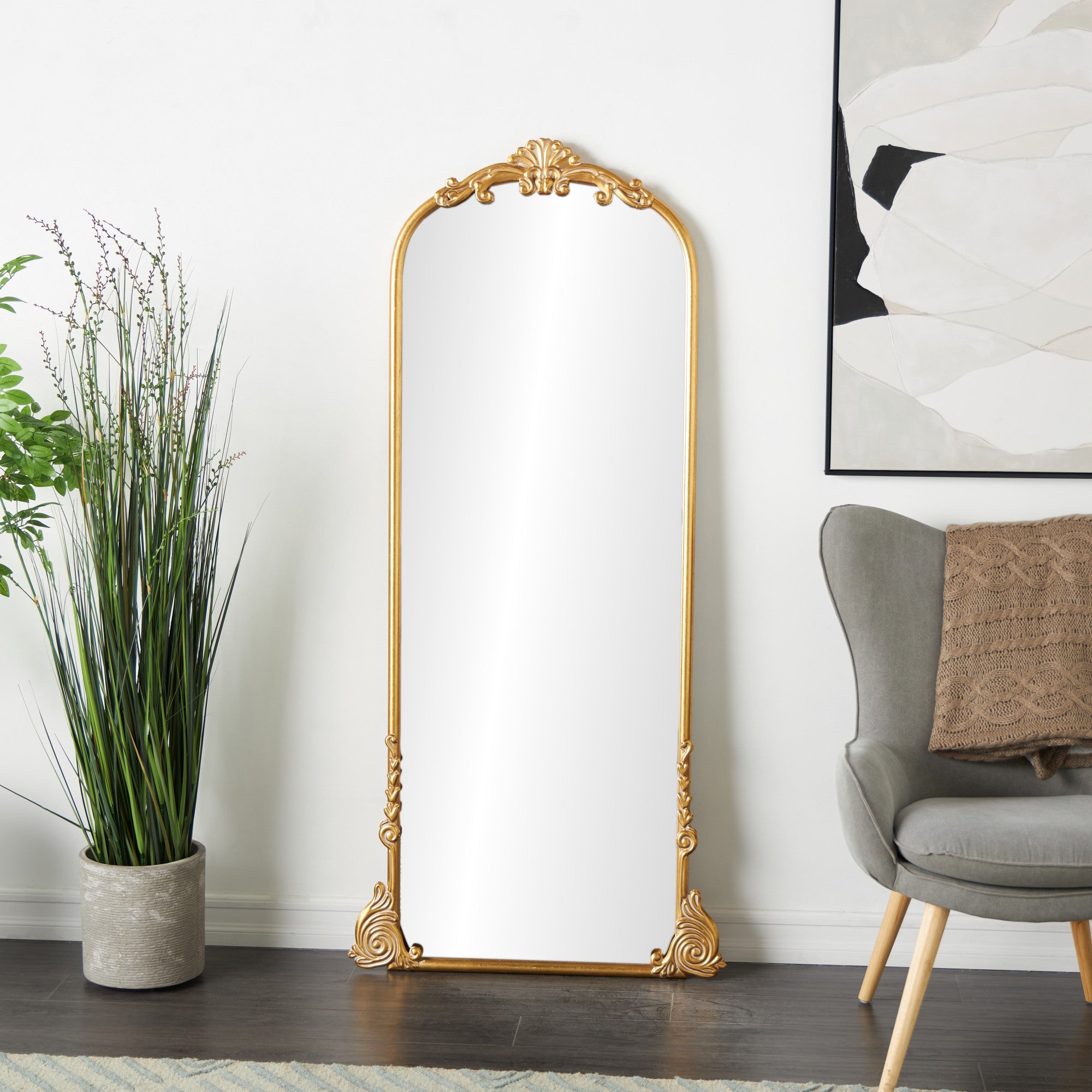 Scroll Gold Metal Tall Ornate Arched Baroque Room Floor Mirror