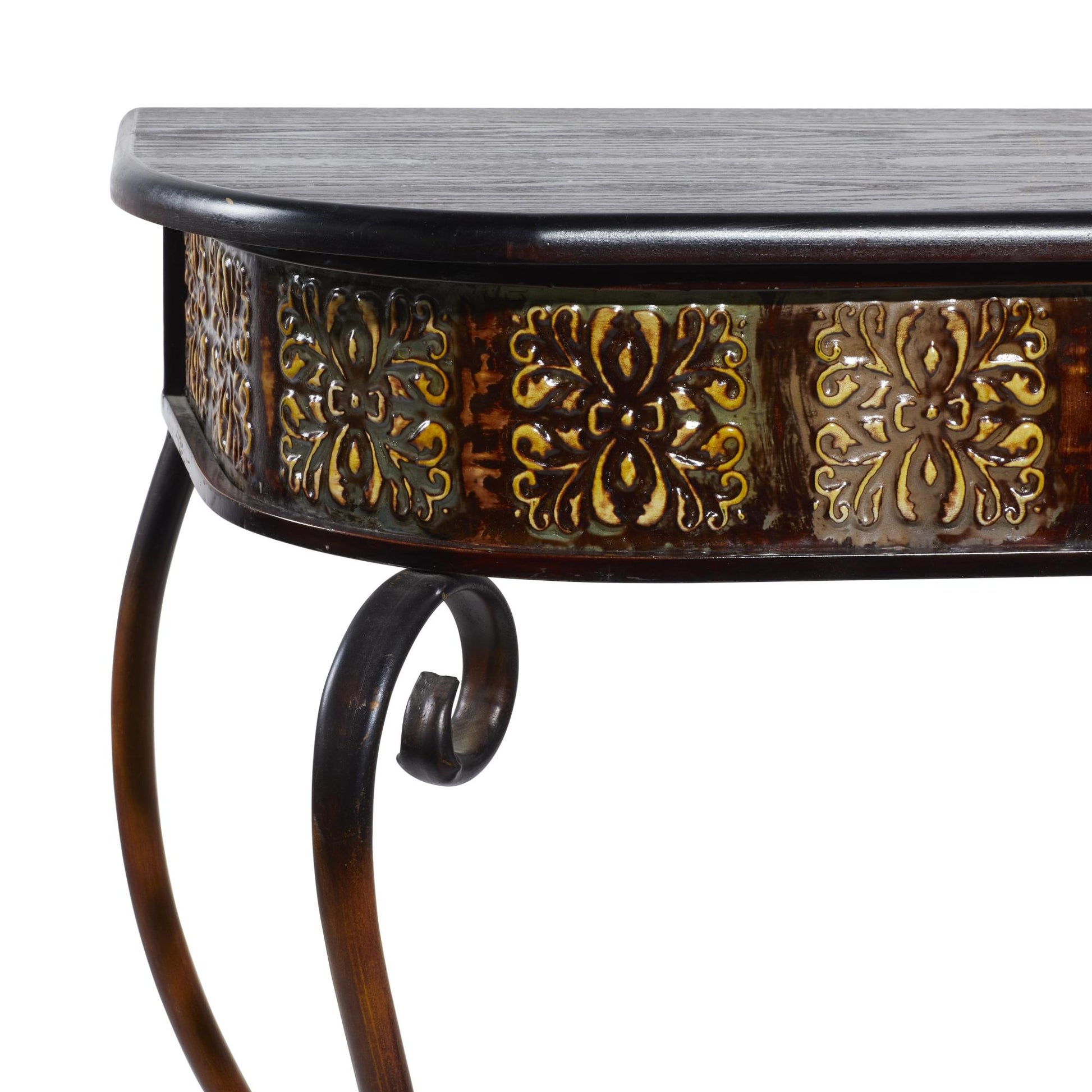 Floral Brown Metal Embossed Living Room Console Table with Ornate Scroll Legs
