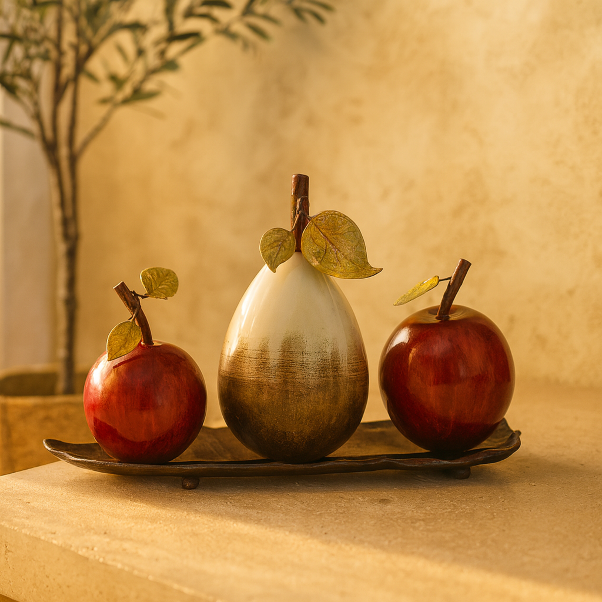 Fruit Red Metal Decorative Sculpture with Platter