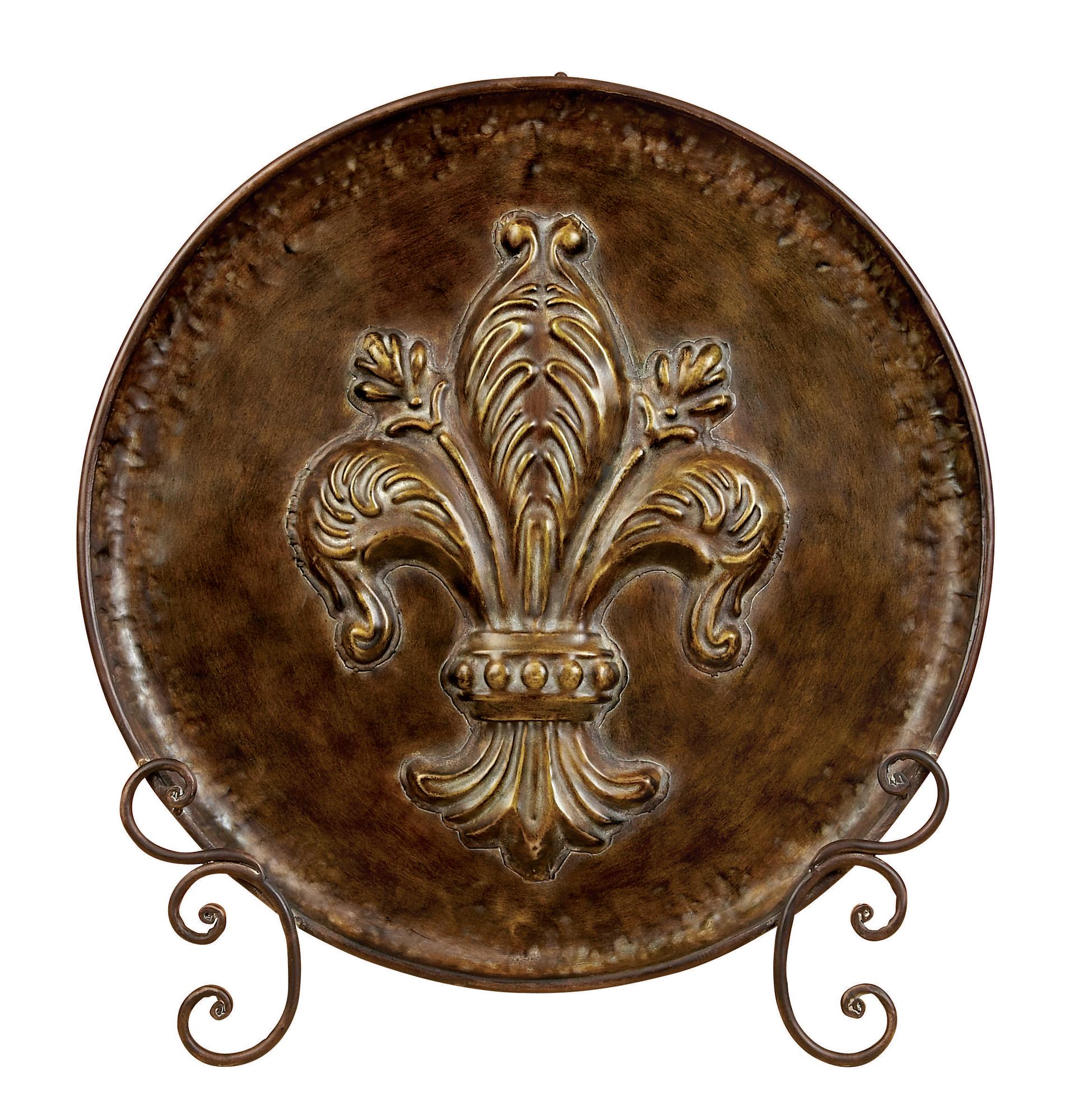 Fleur De Lis Brown Metal Embossed Detail Decorative Charger with Stand