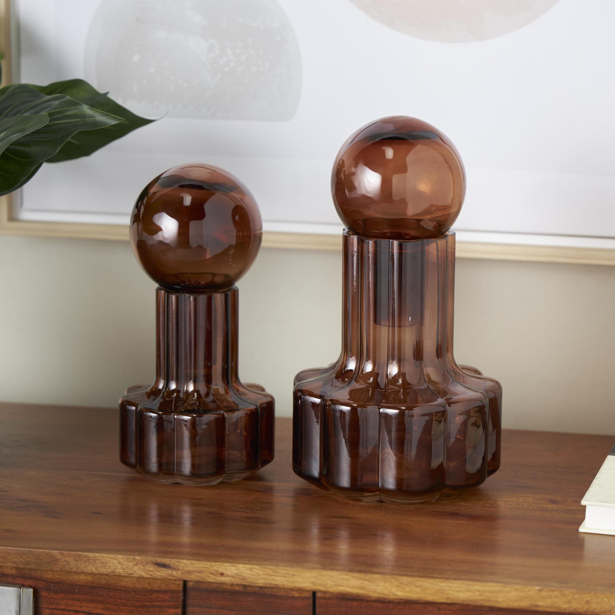 Set of 2 Abstract Brown Glass Floral Shaped Ombre Living Room Decorative Jars with Round Orb Tops