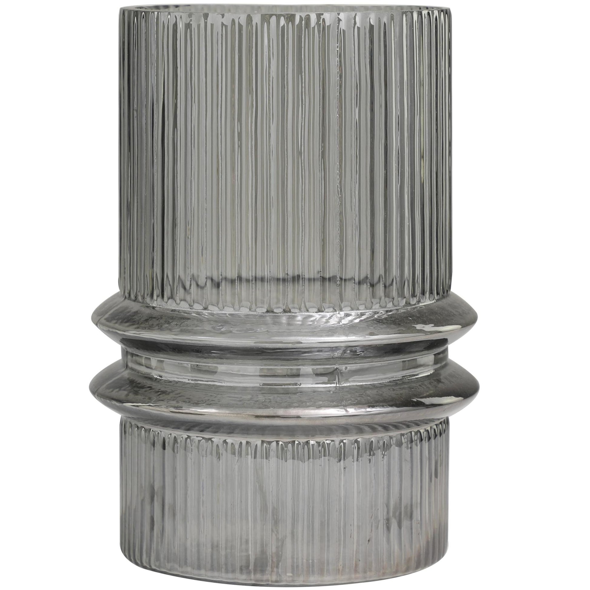 Gray Glass Wide Ribbed Decorative Candle Holder with Fluted Center