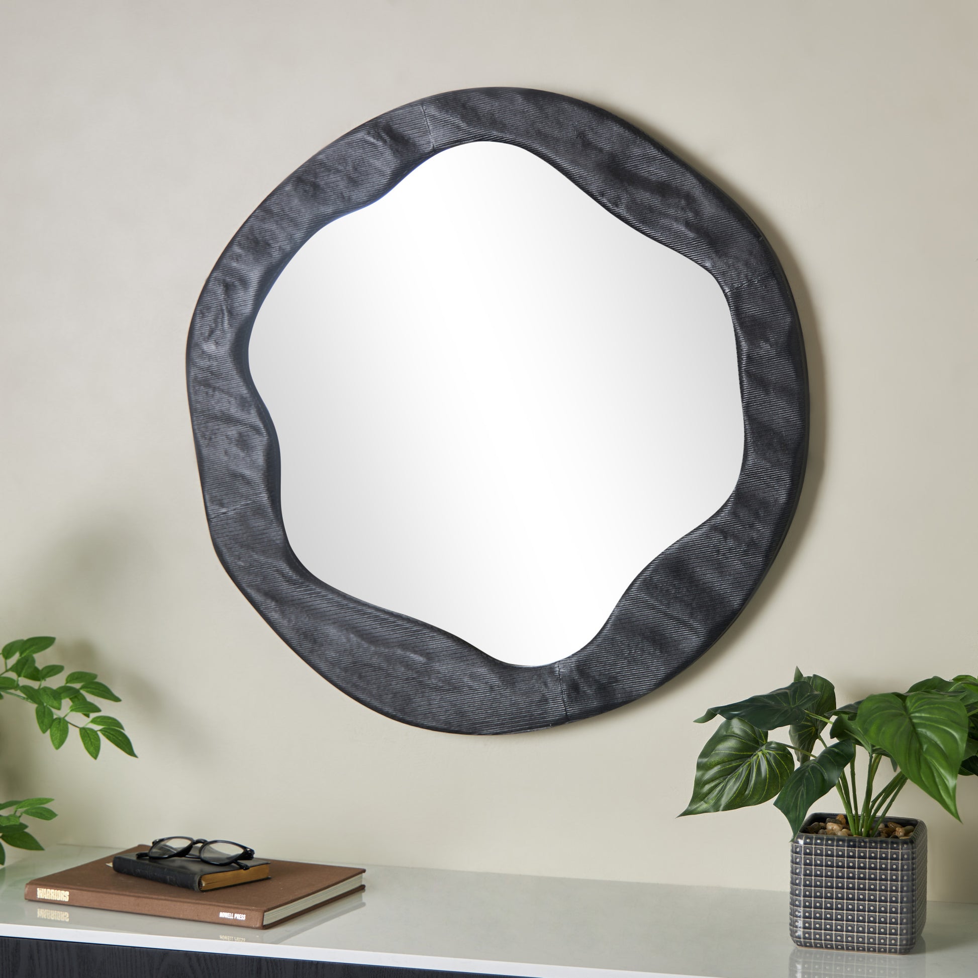 Abstract Black Velvet Wavy Room Wall Mirror