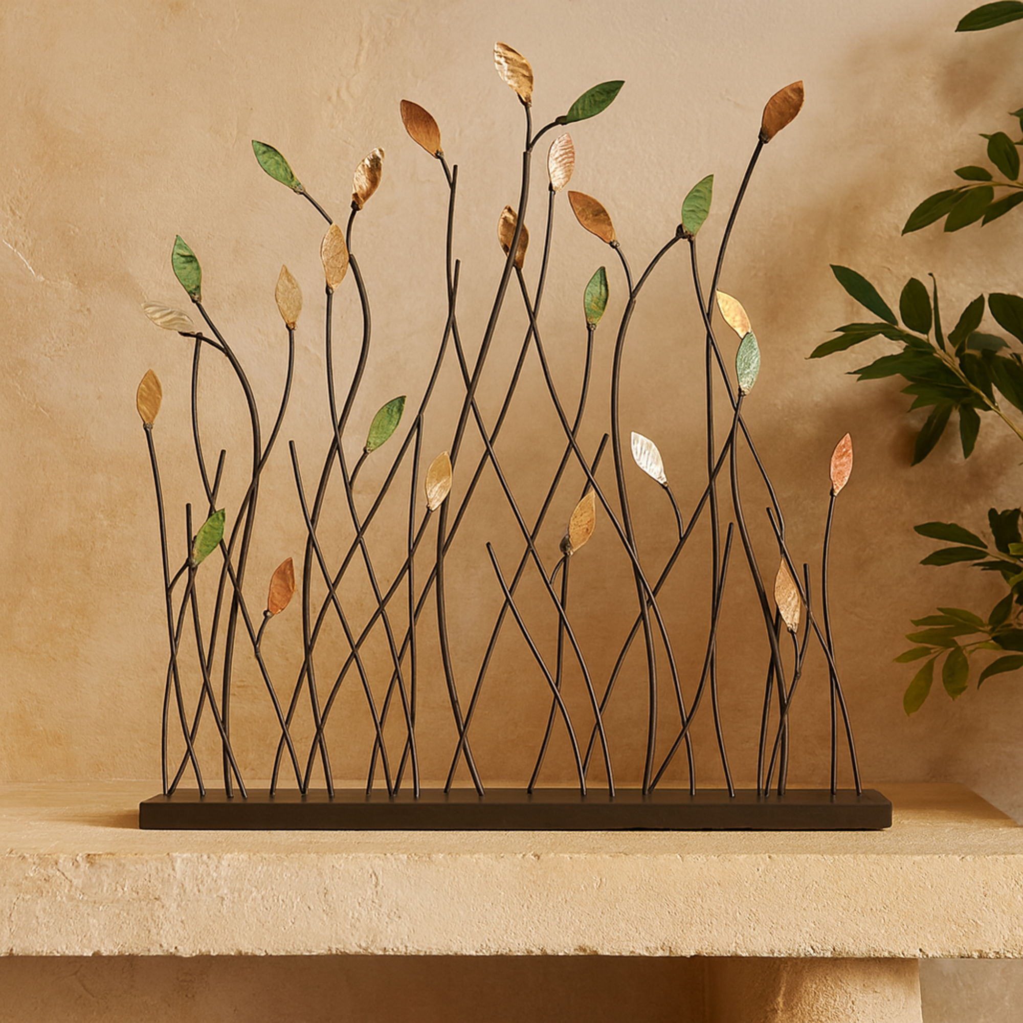 Leaf Black Metal Decorative Sculpture with Black Base