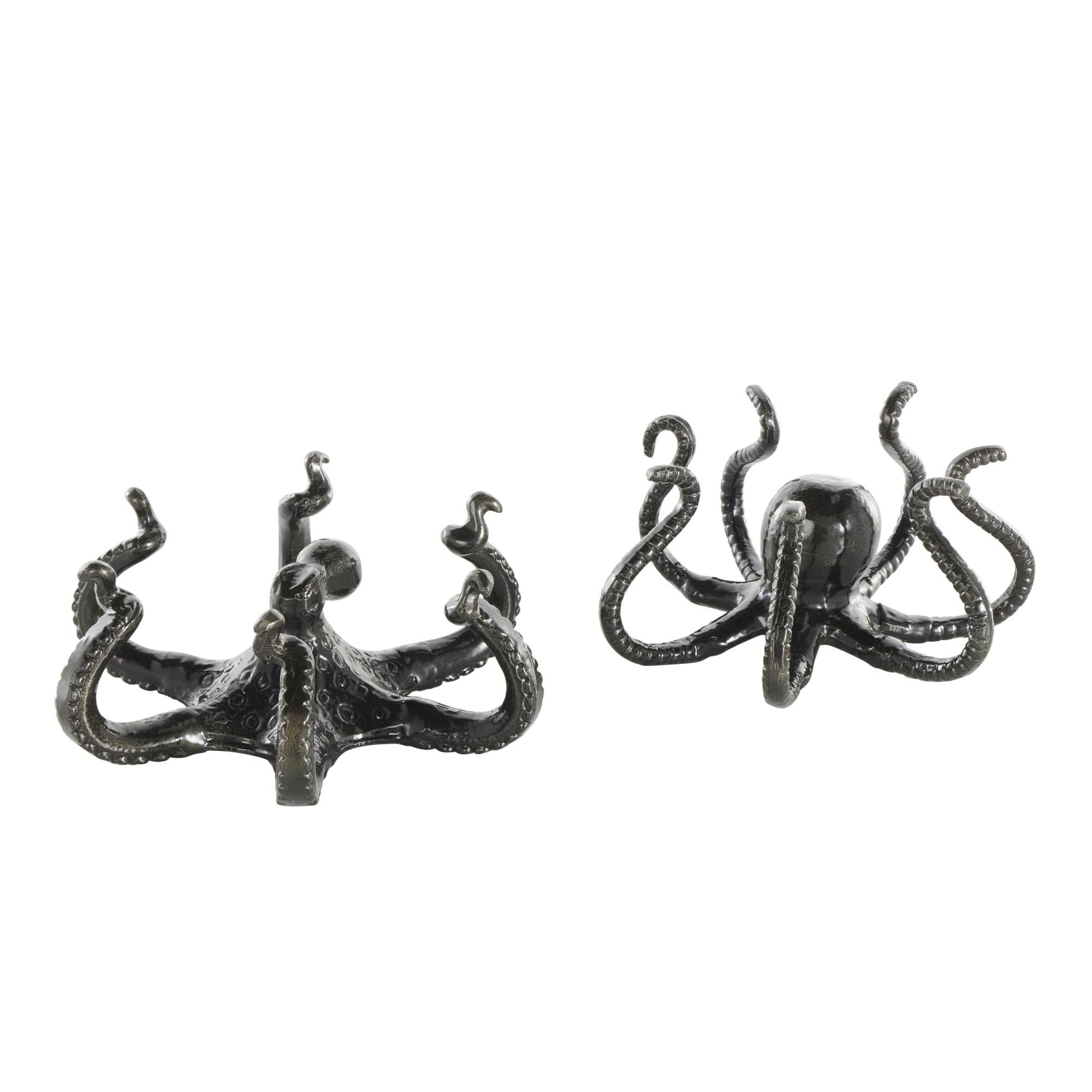 Set of 2 Octopus Black Aluminum Metal Decorative Sculpture with Splayed Arms