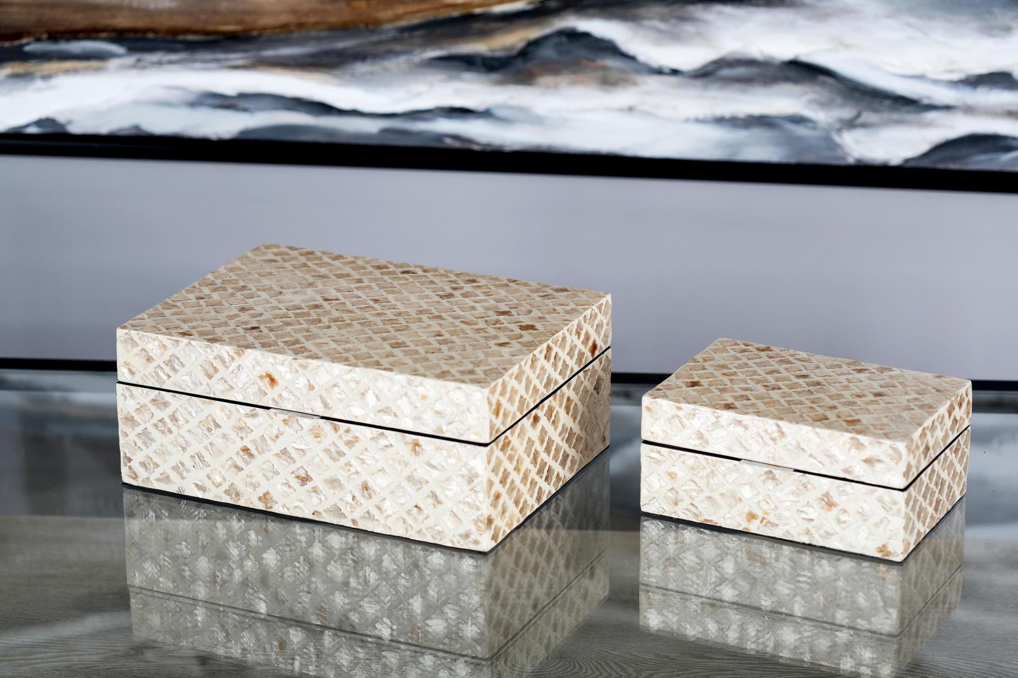 Set of 2 Cream Mother of Pearl Shell Handmade Decorative Box with Hinged Lid