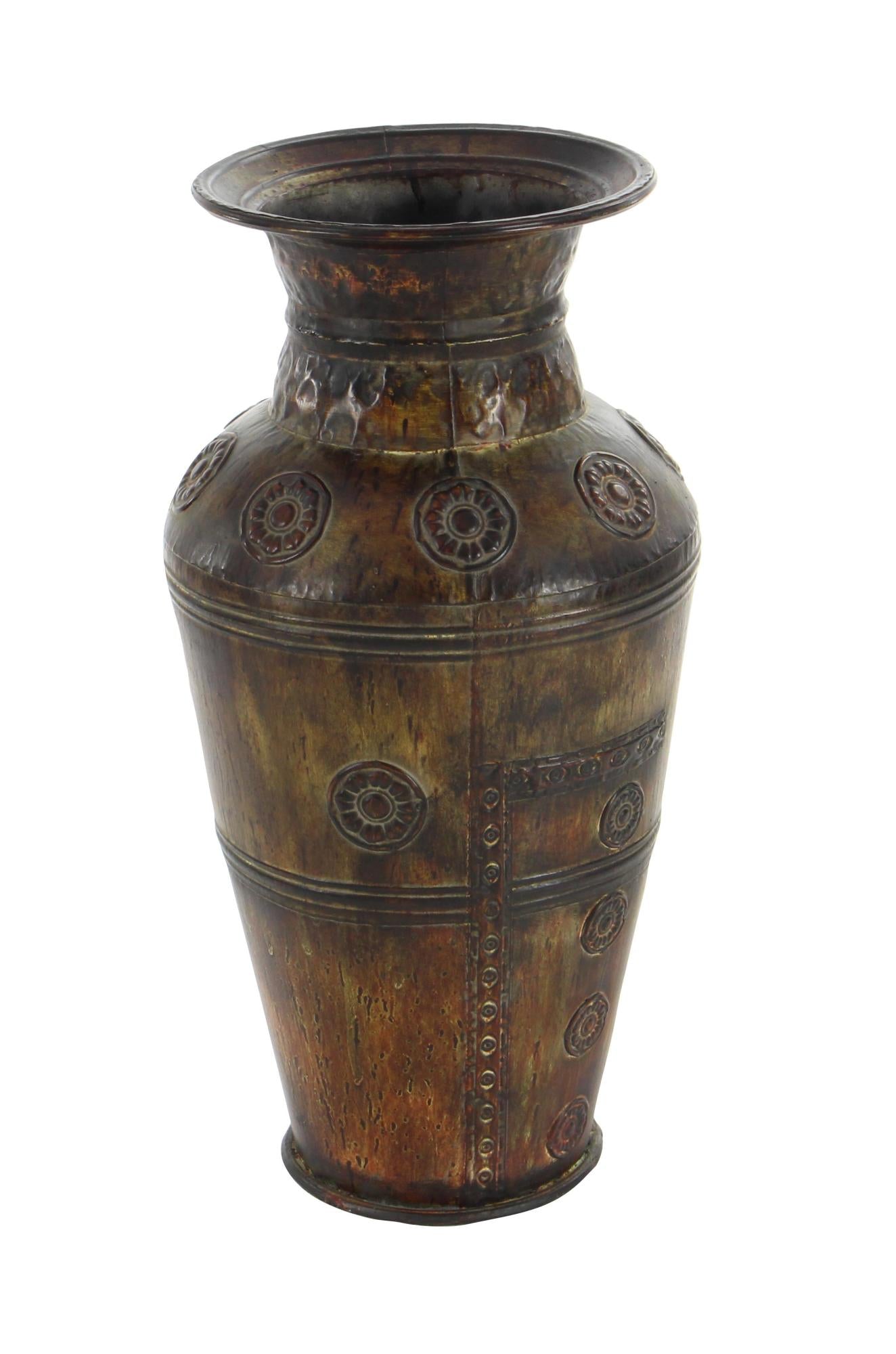 Set of 2 Floral Brown Metal Indoor Outdoor Large Decorative Vase with Evil Eye Relief