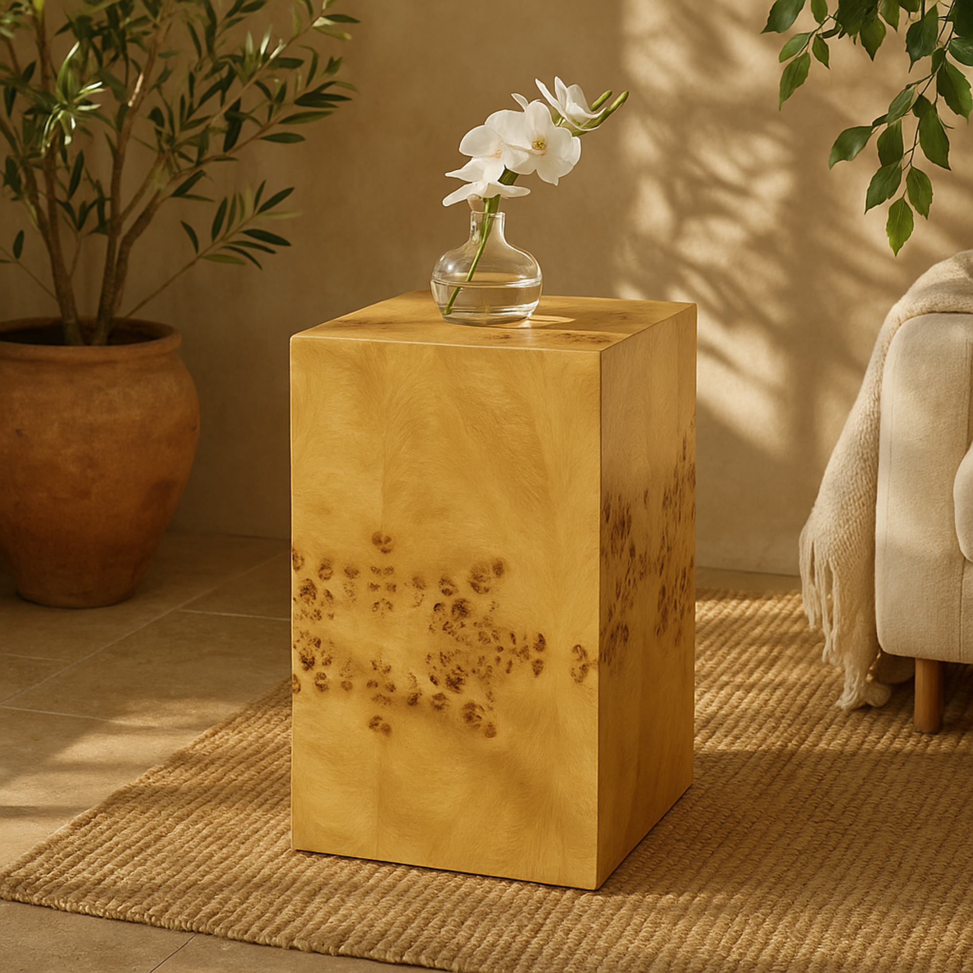 Brown Wood Square Cube Side End Accent Table with Wood Grain Patterns