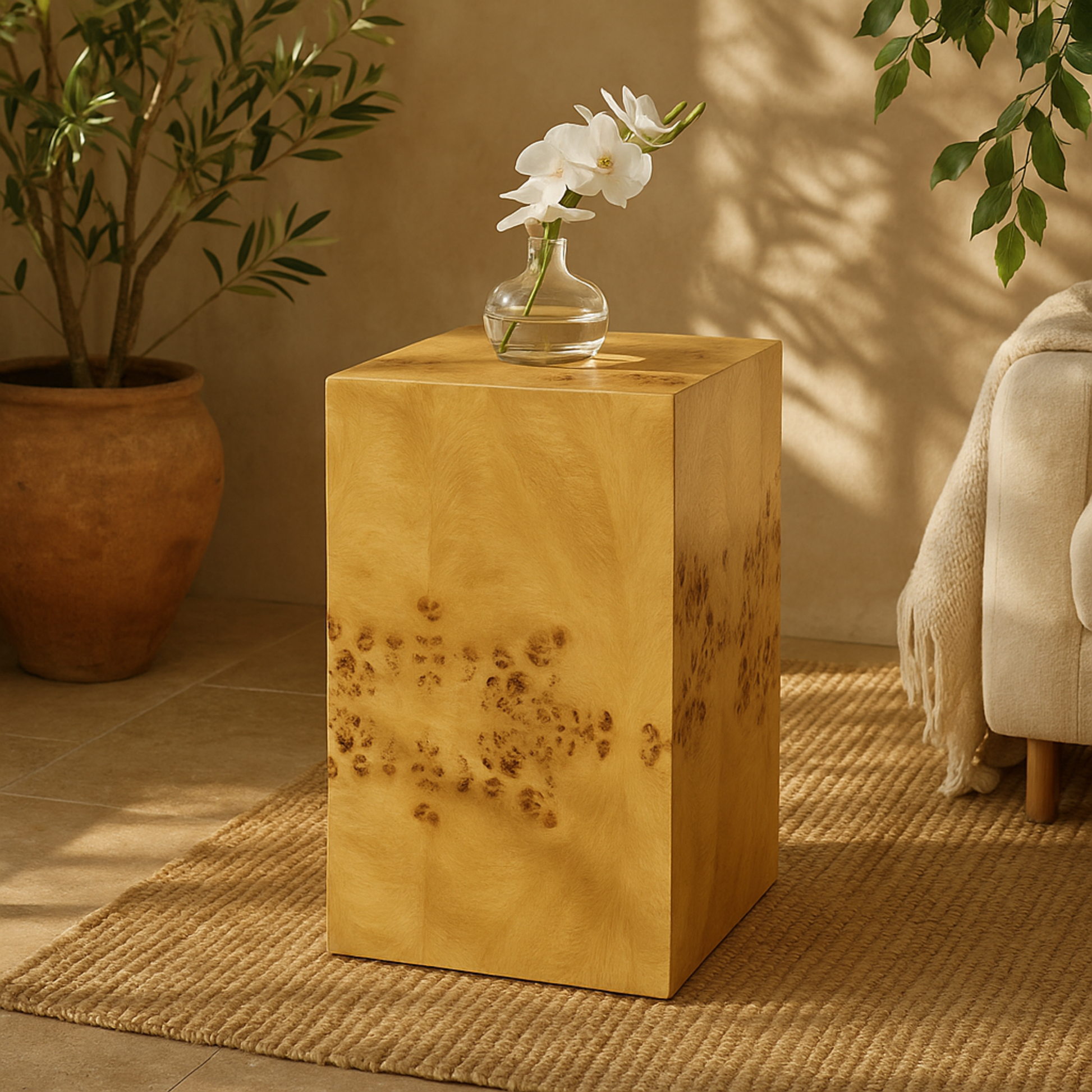 Brown Wood Square Cube Side End Accent Table with Wood Grain Patterns