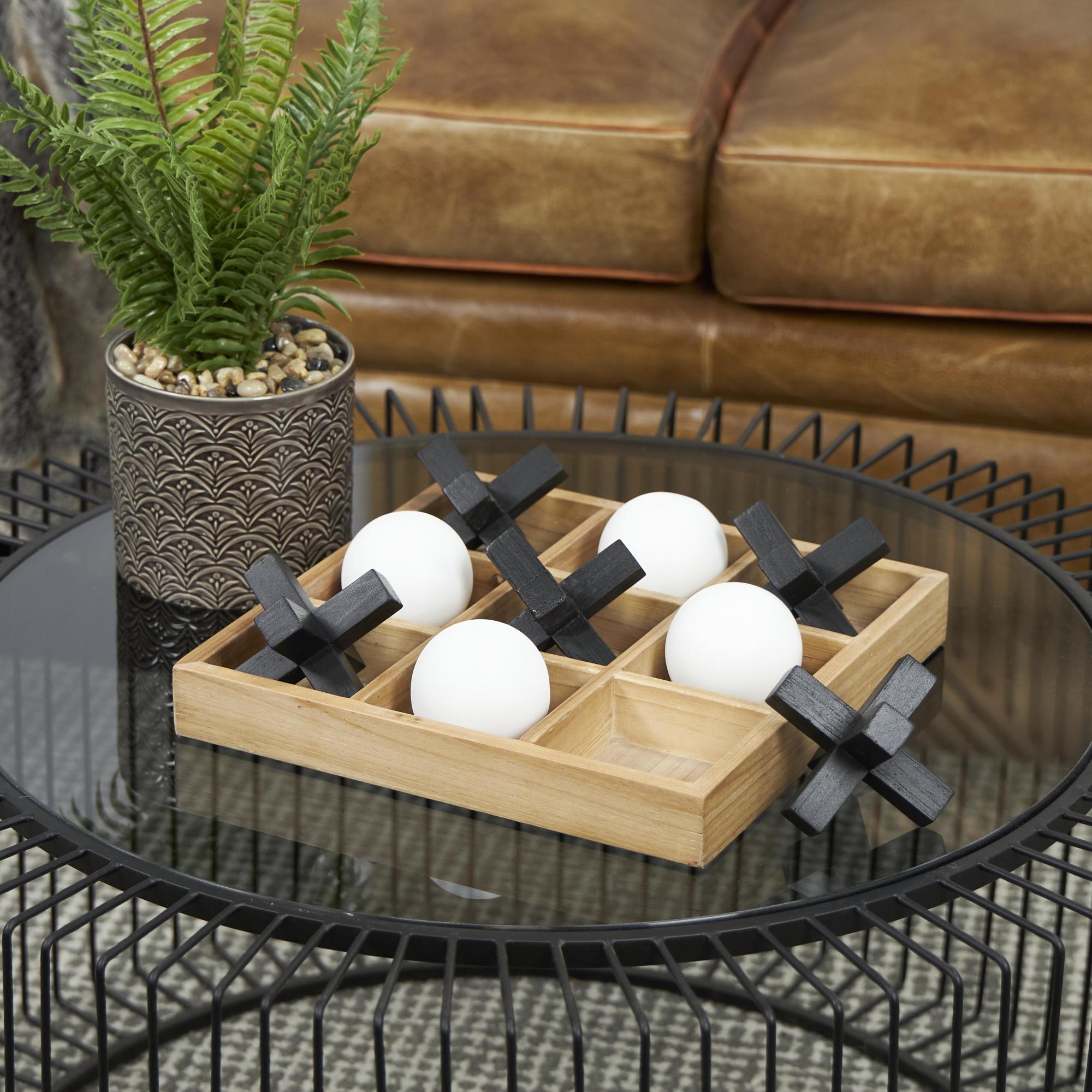 Tic Tac Toe Brown Wood Dimensional Home Decor Game Set with 3D Black and White Game Pieces
