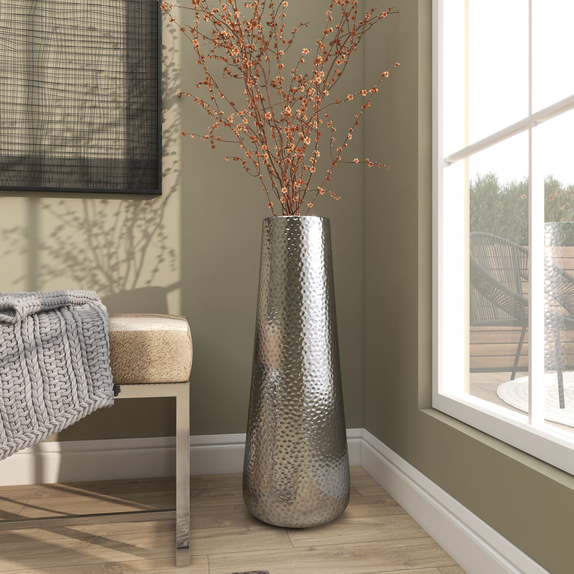 Silver Aluminum Metal Tall Hammered Decorative Vase