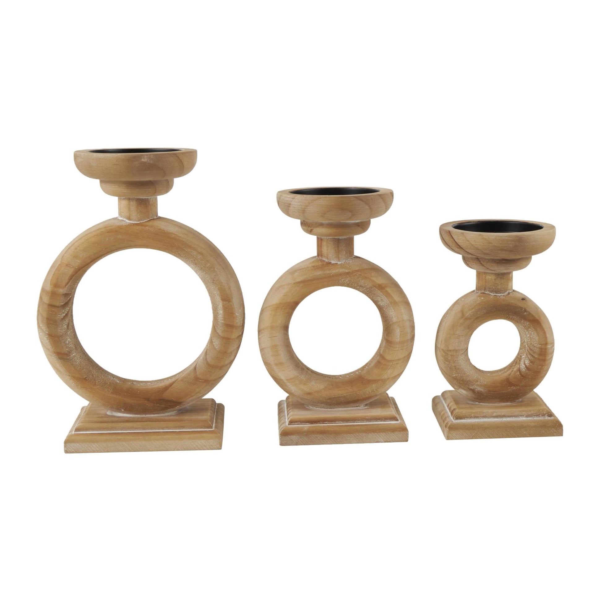 Set of 3 Brown Wood Circular Ring Decorative Candle Holder