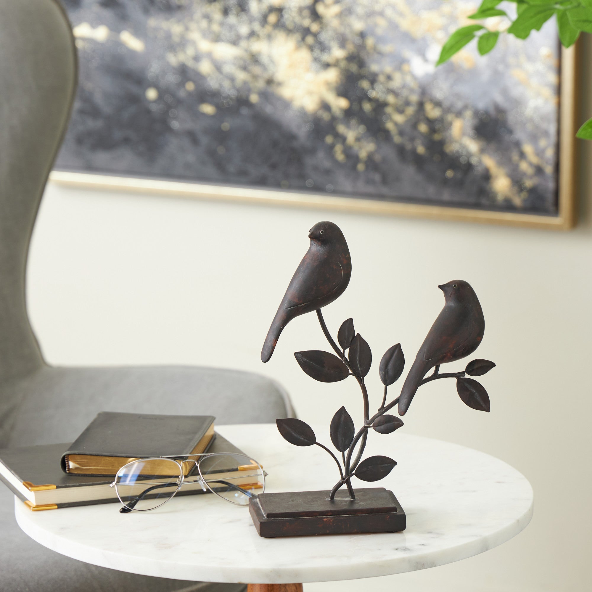 Bird Black Polystone Perching Decorative Sculpture with Leaf Vines and Copper Shading