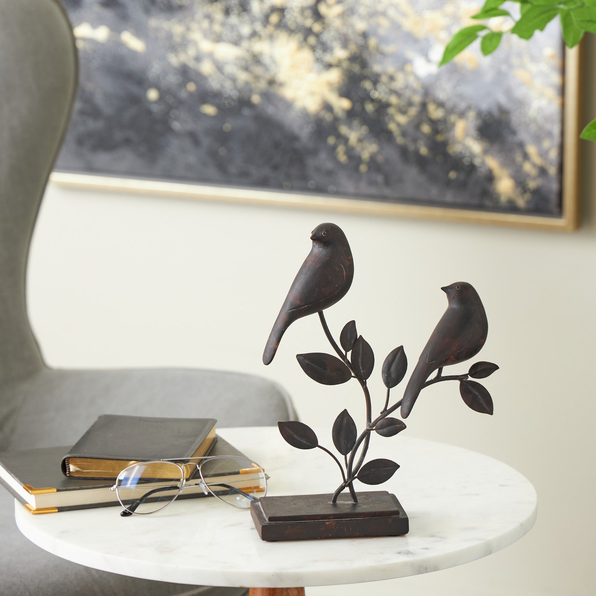 Bird Black Polystone Perching Decorative Sculpture with Leaf Vines and Copper Shading