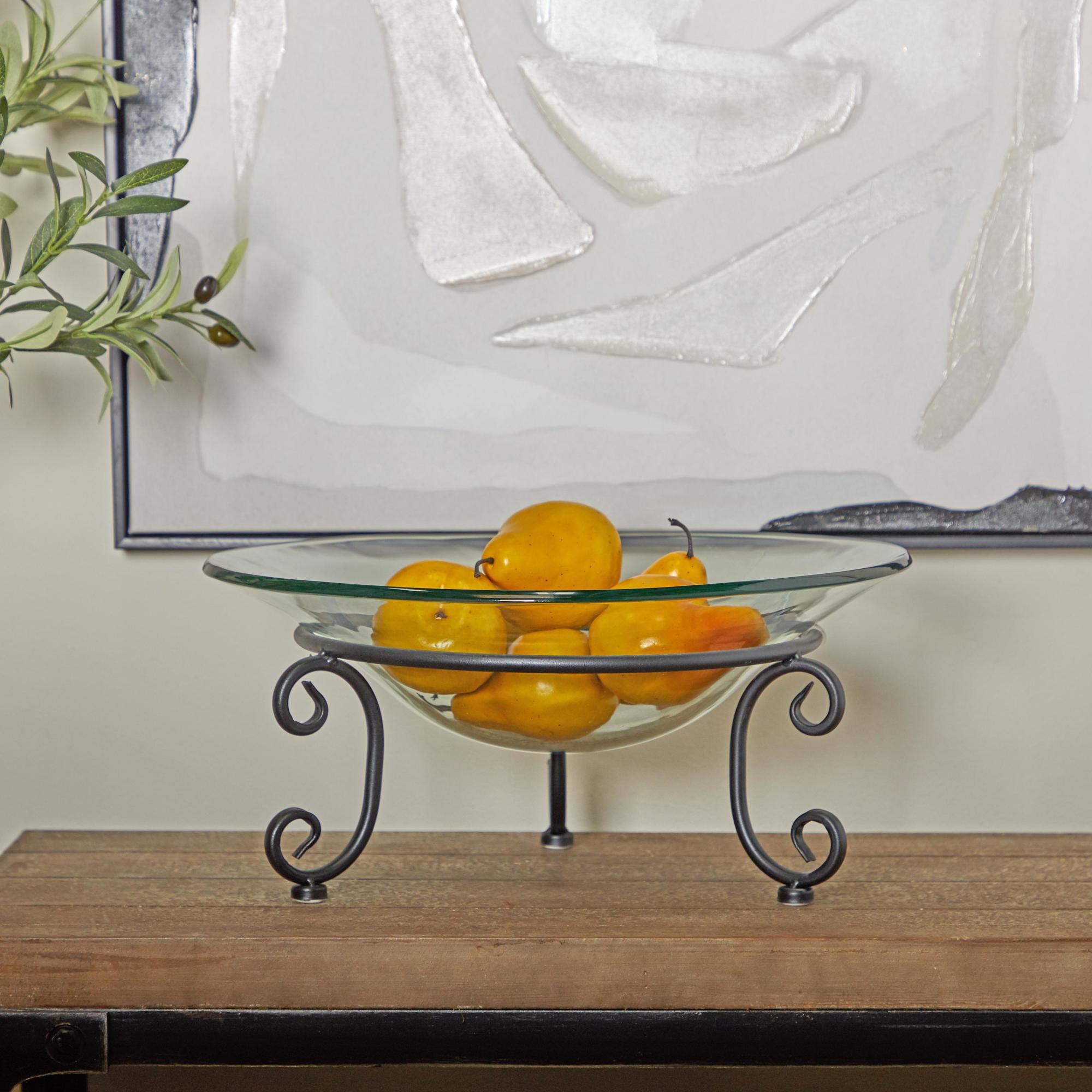Kitchen Clear Tempered Glass Decorative Serving Bowl with Black Metal Scroll Stand