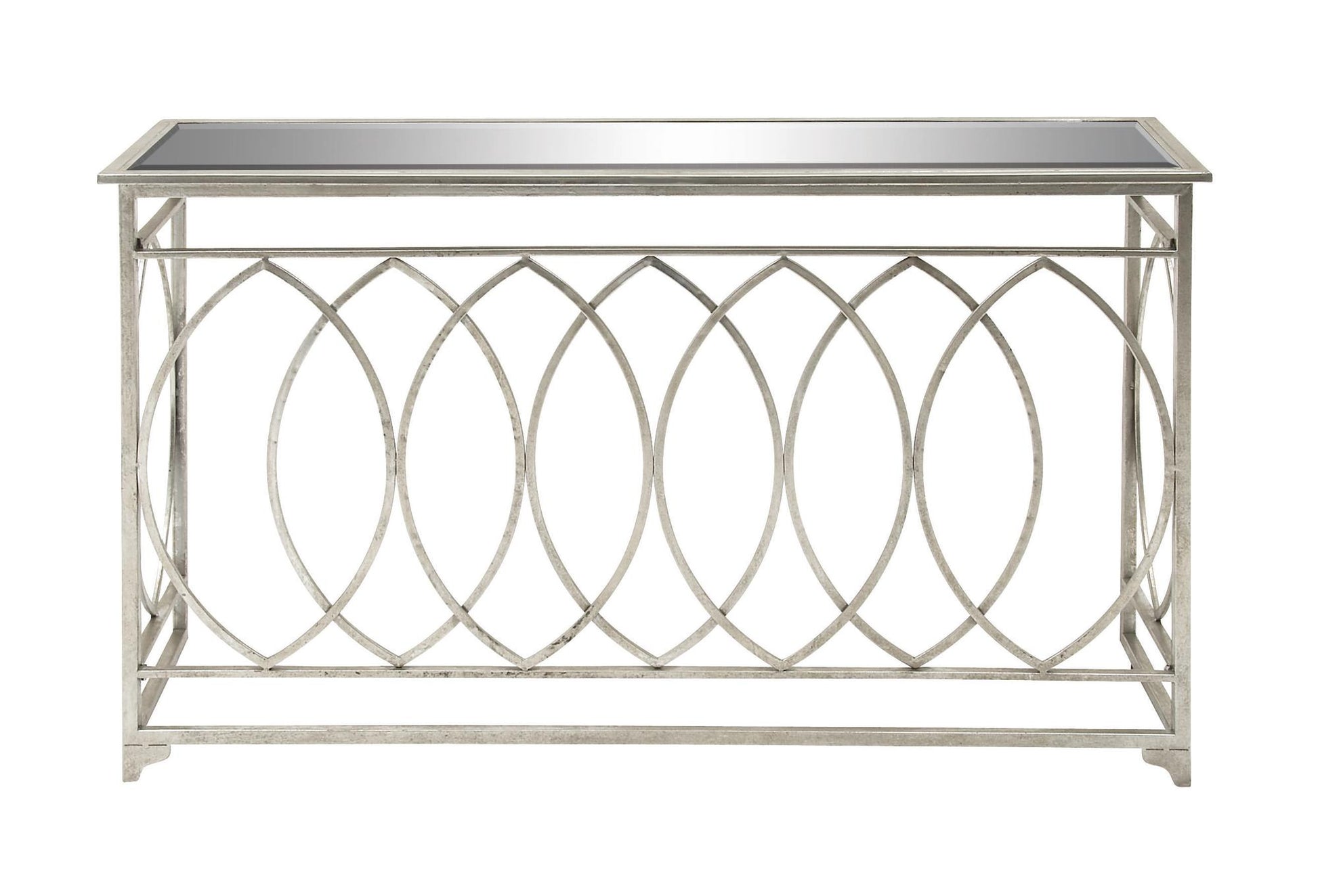 Geometric Silver Metal Rectangular Living Room Console Table with Mirrored Glass Top