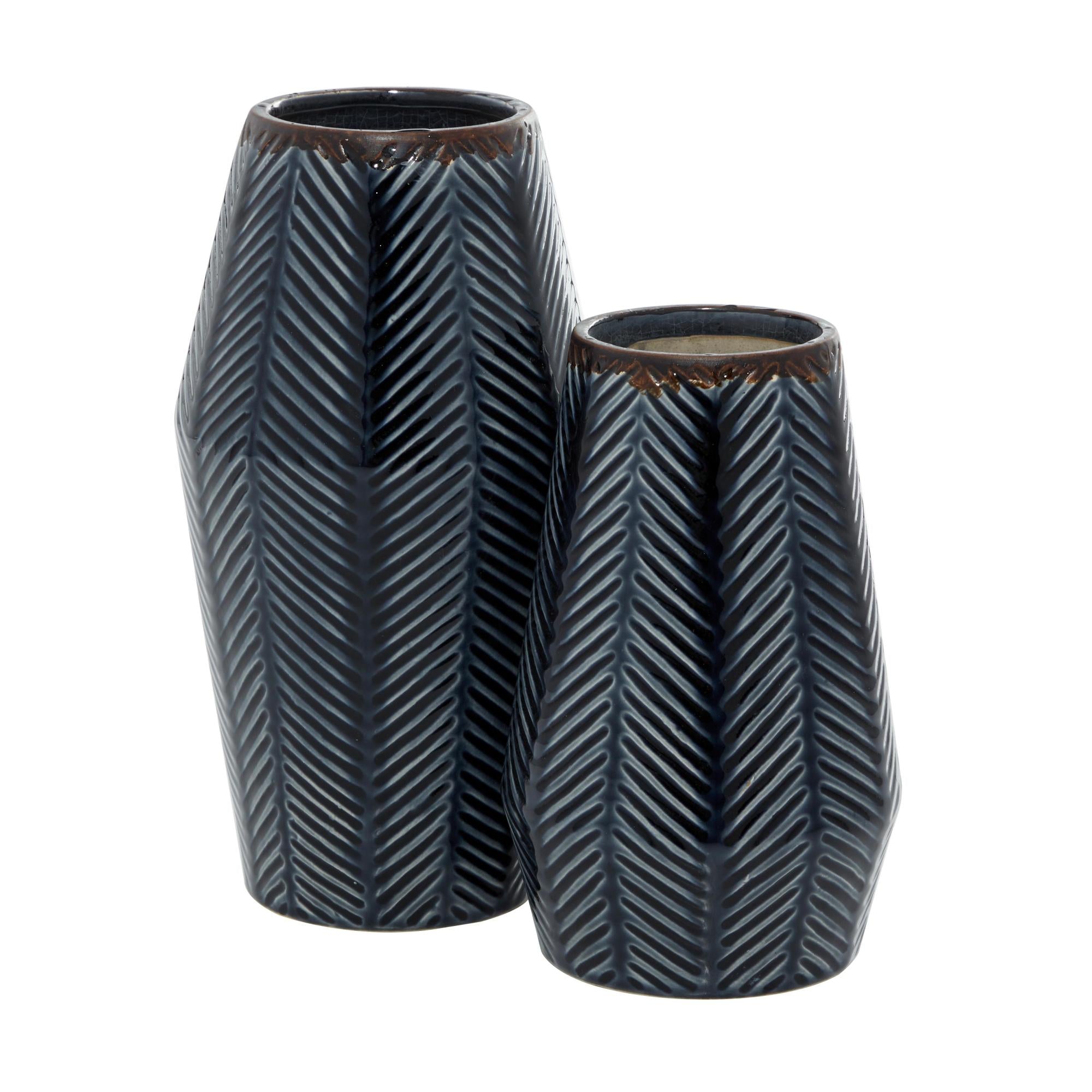 Set of 2 Dark Blue Ceramic Handmade Chevron Decorative Vase